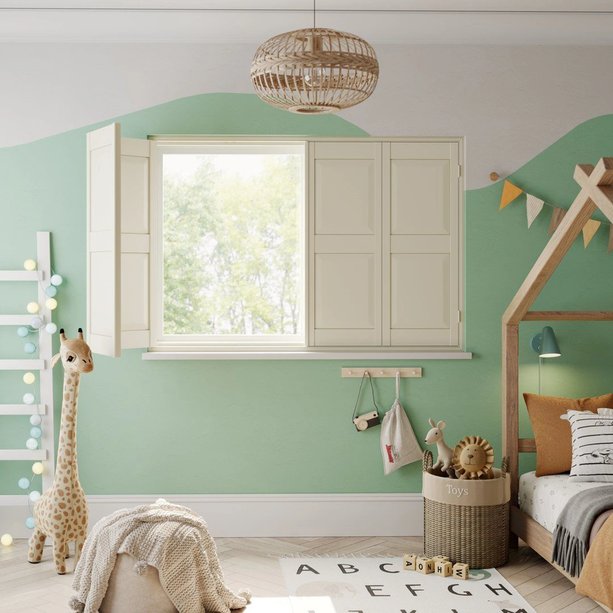 A children's bedroom with Cream solid raised wooden shutters 