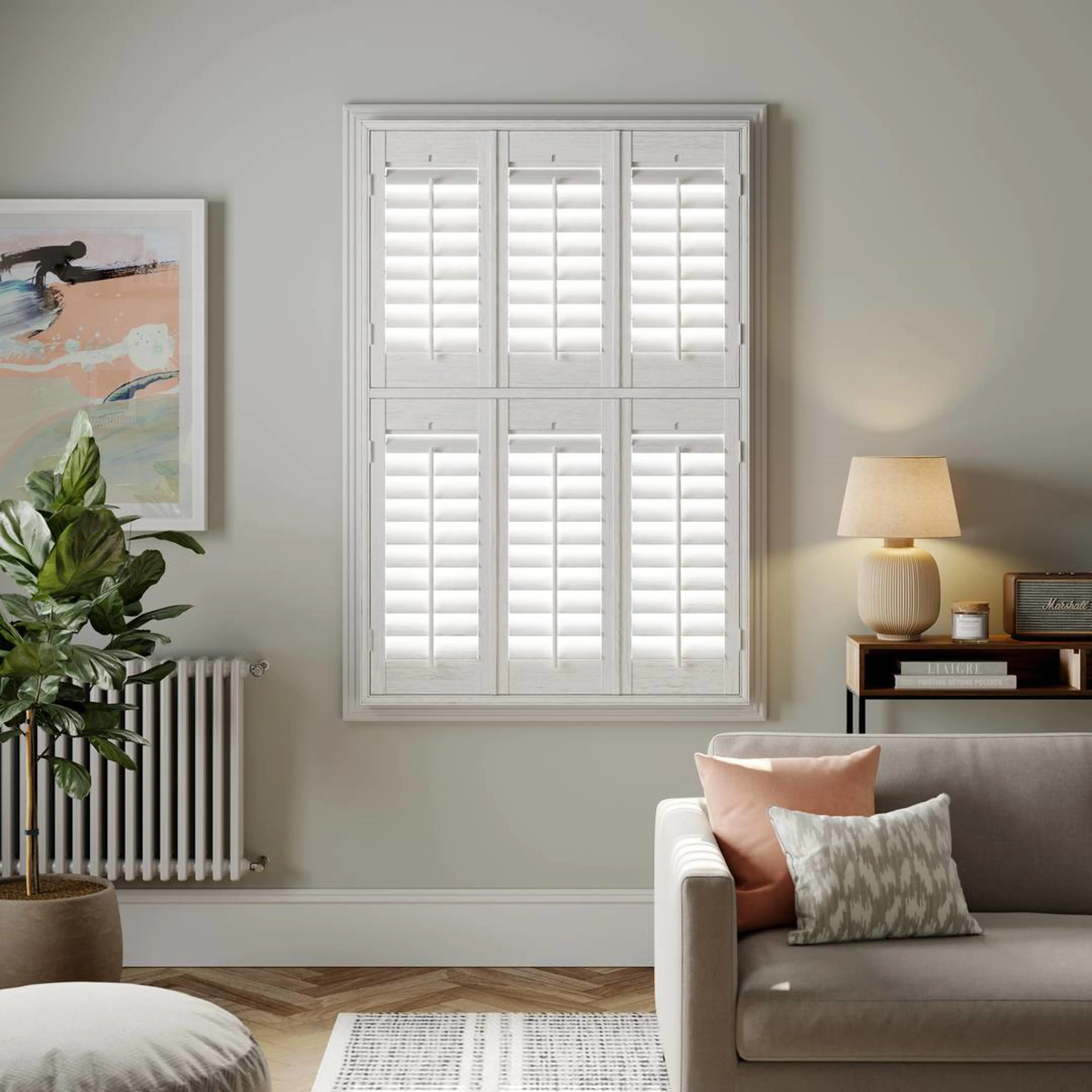 White Grained wooden shutters on light grey wall in living room