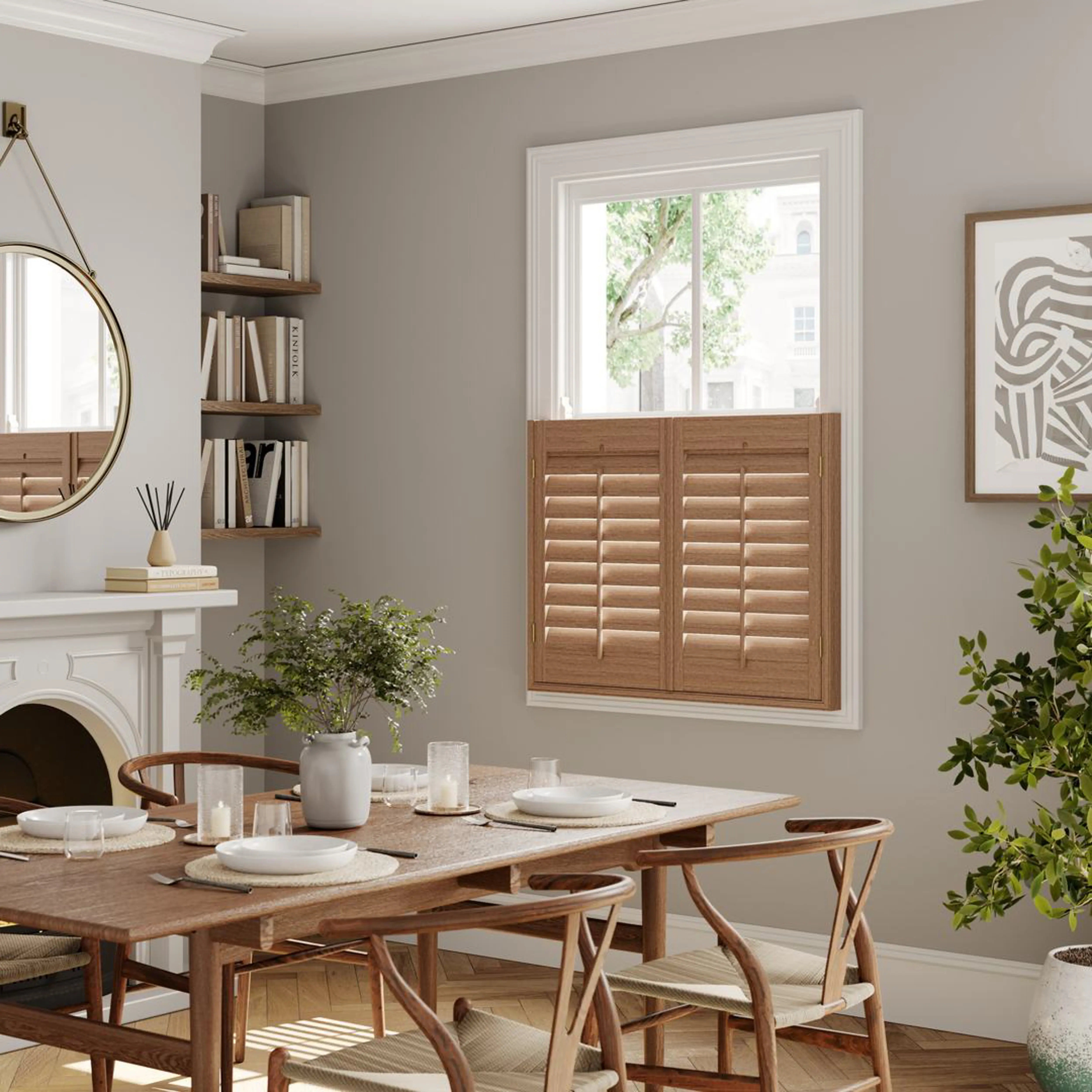 Honey stained wooden cafe style shutters in neutral dining room