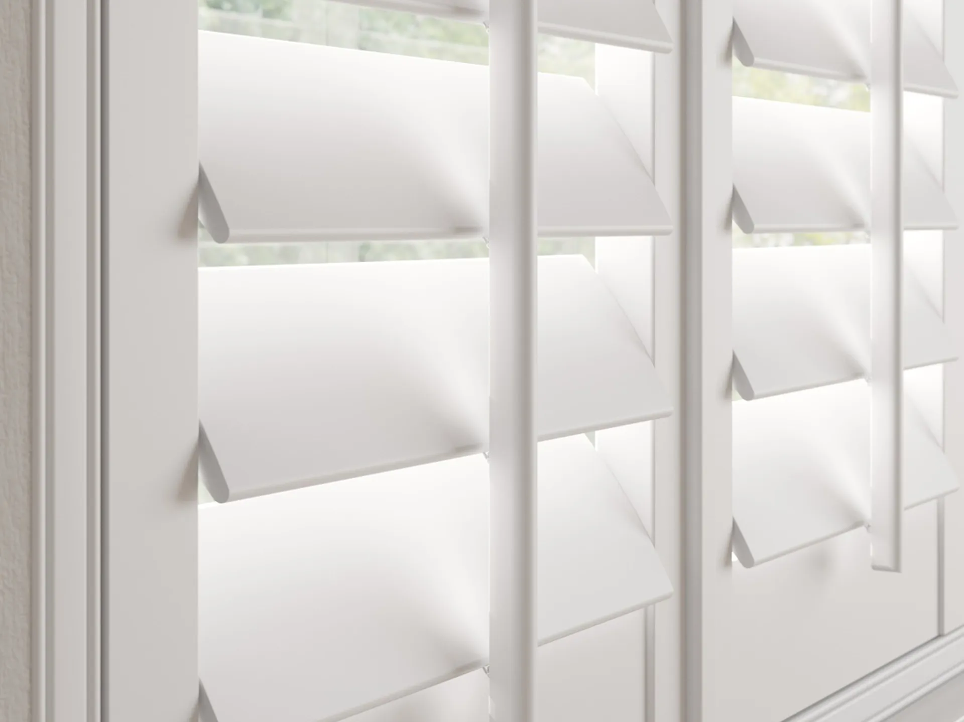 A Vivid White wooden shutter with 76mm slats and a central tilt rod