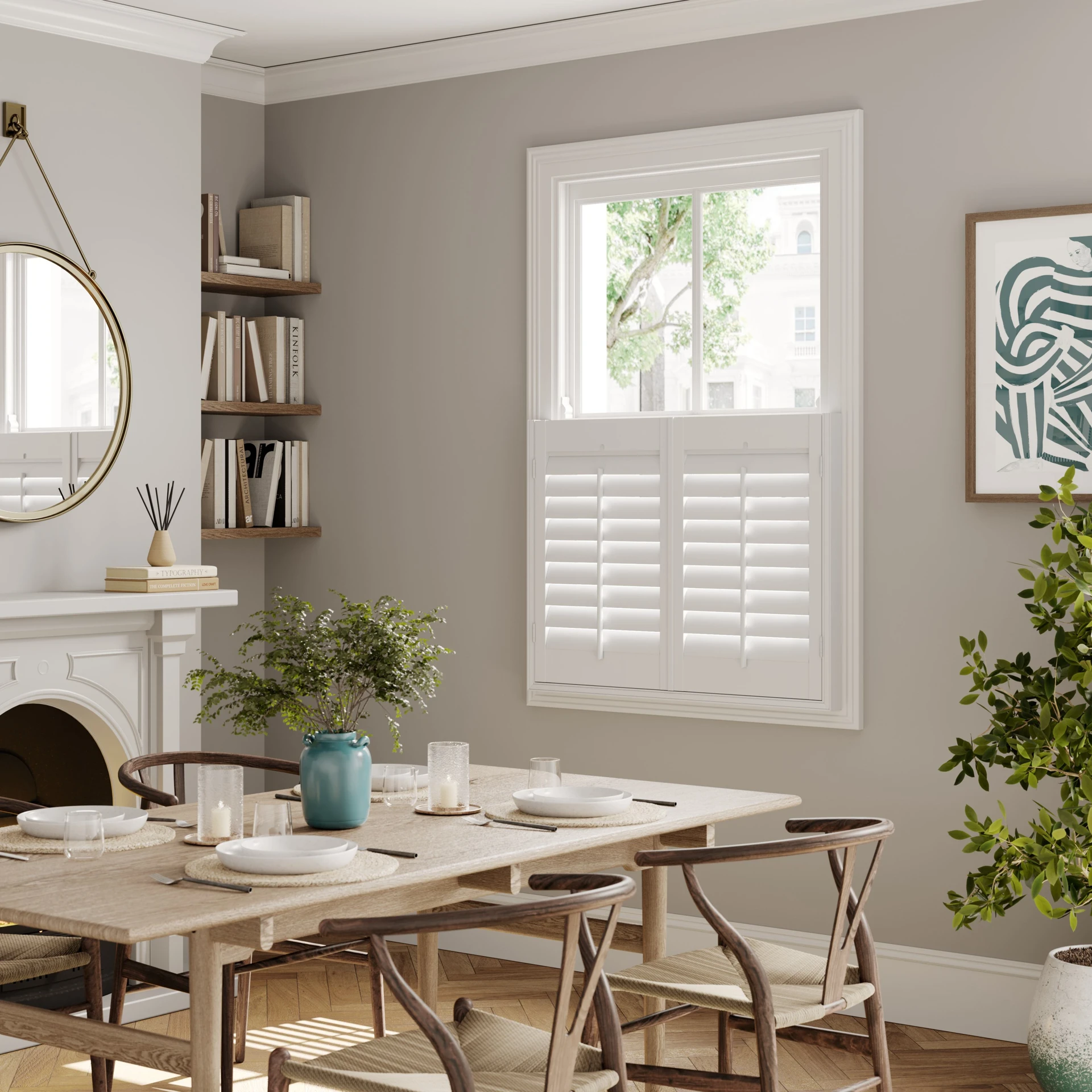 A modern neutral dining room with Vivid White cafe style wooden shutters 