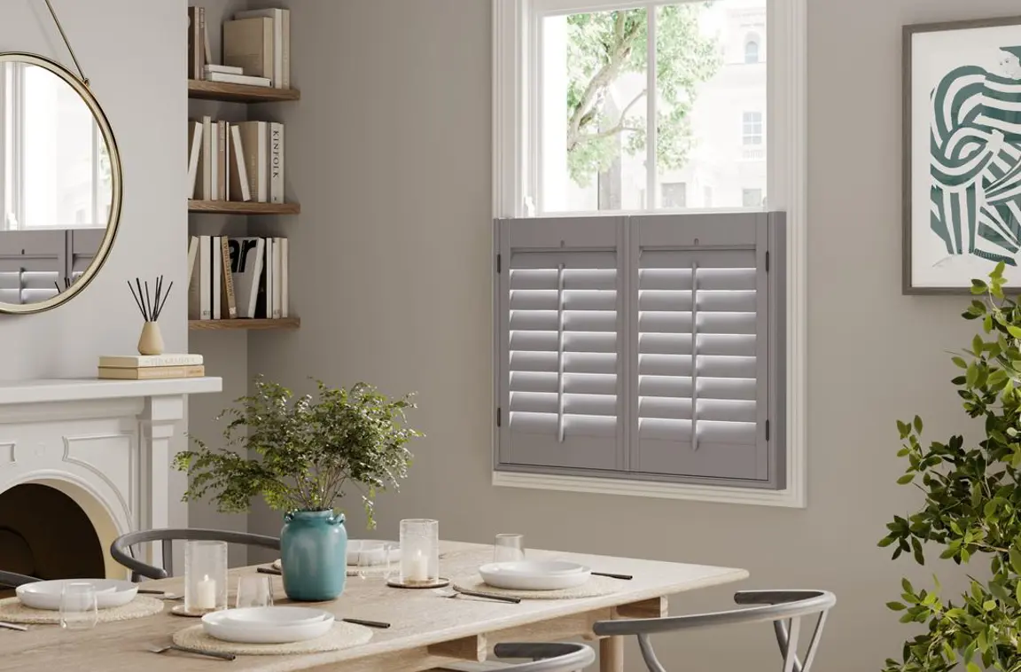 Signal Grey cafe style wooden shutters in dining room