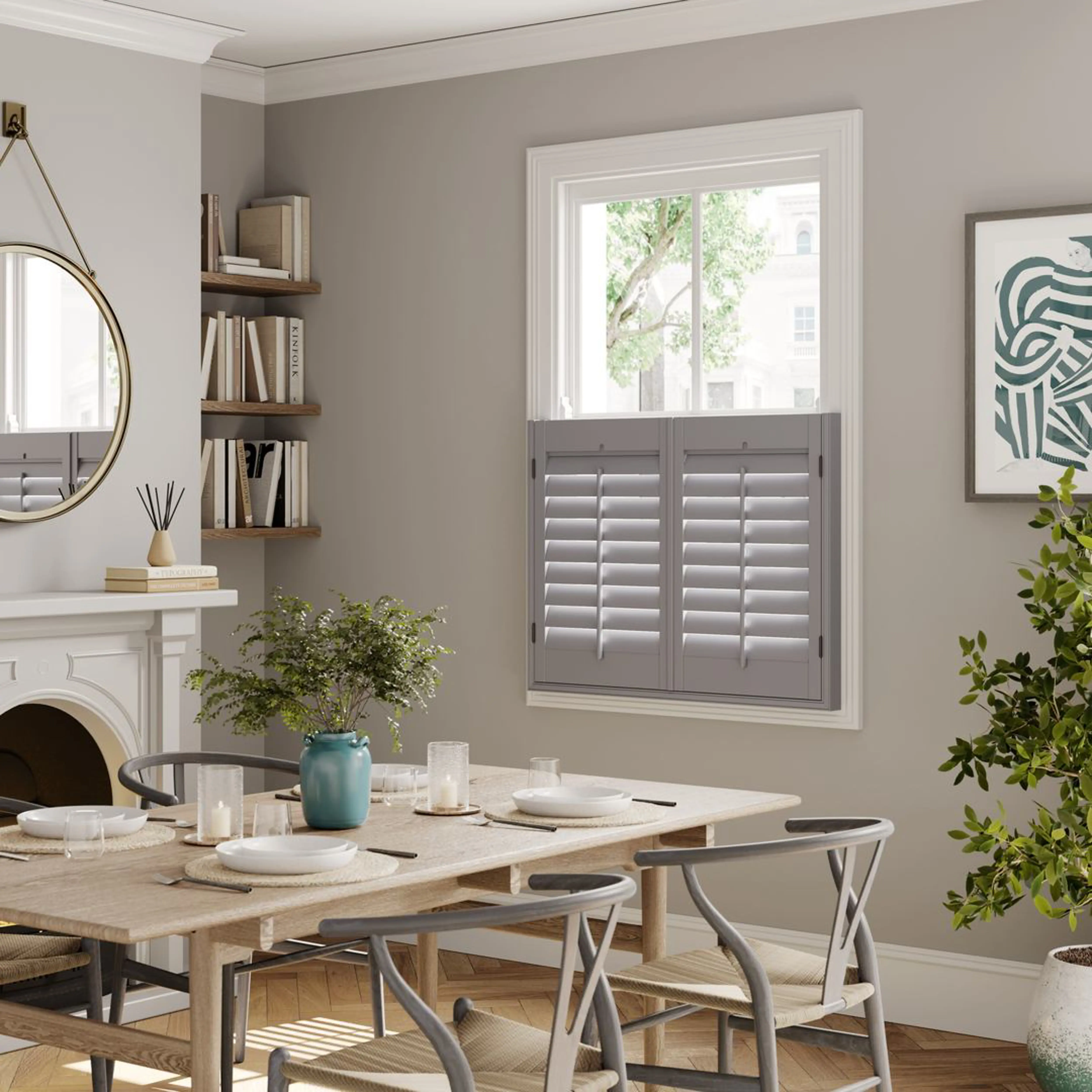 Signal Grey cafe style wooden shutters in dining room