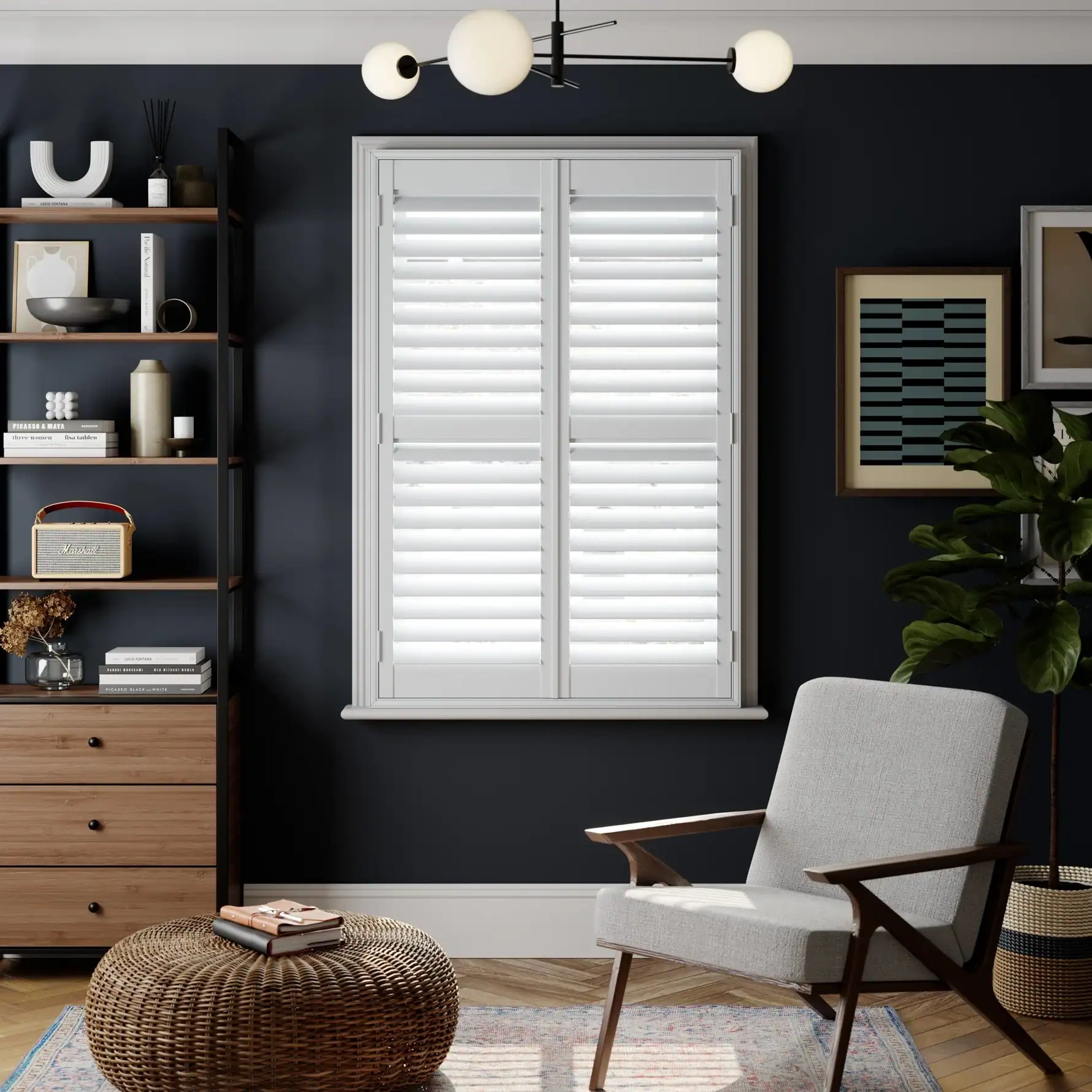White modern full height shutters with hidden tilt rod
