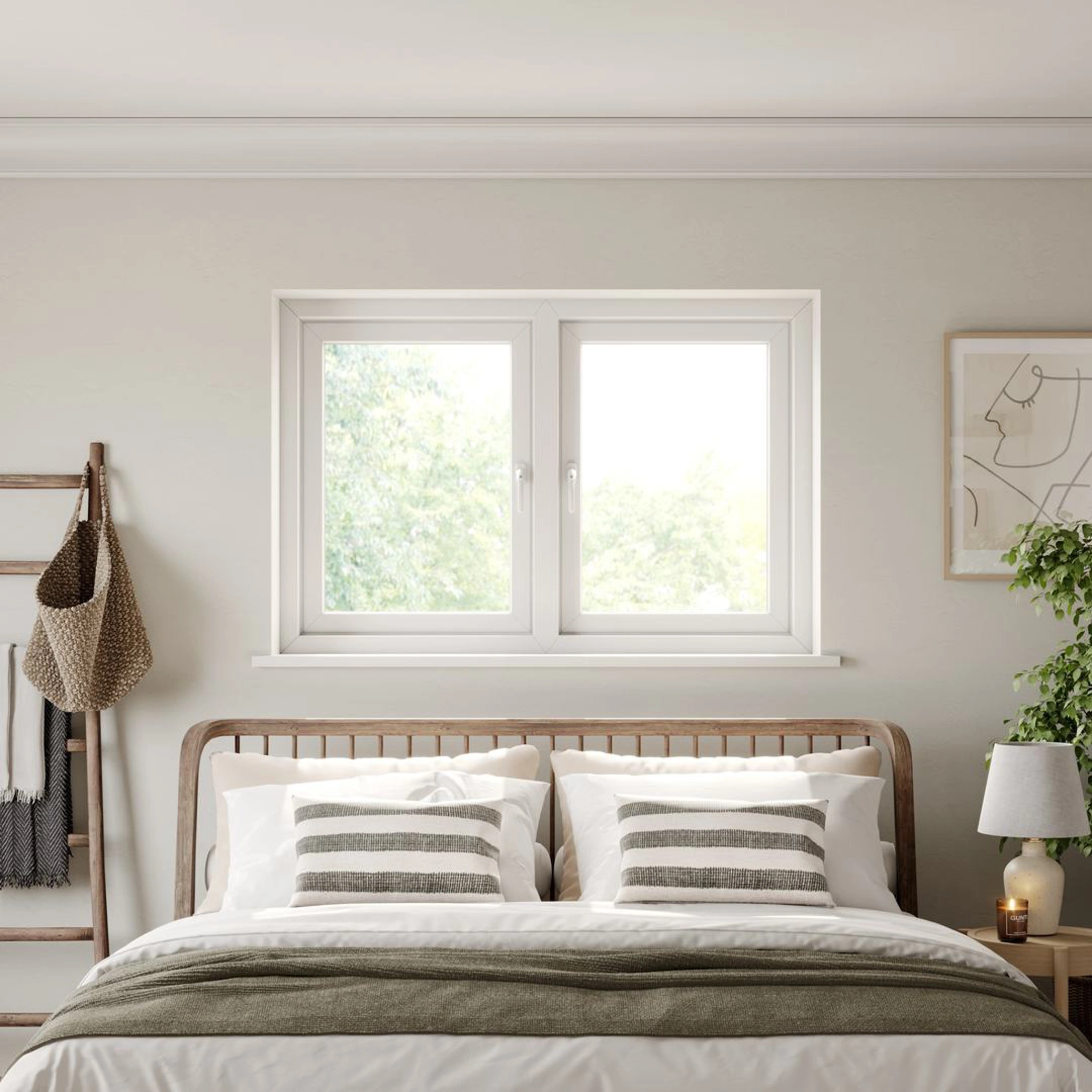White PVC window above bed