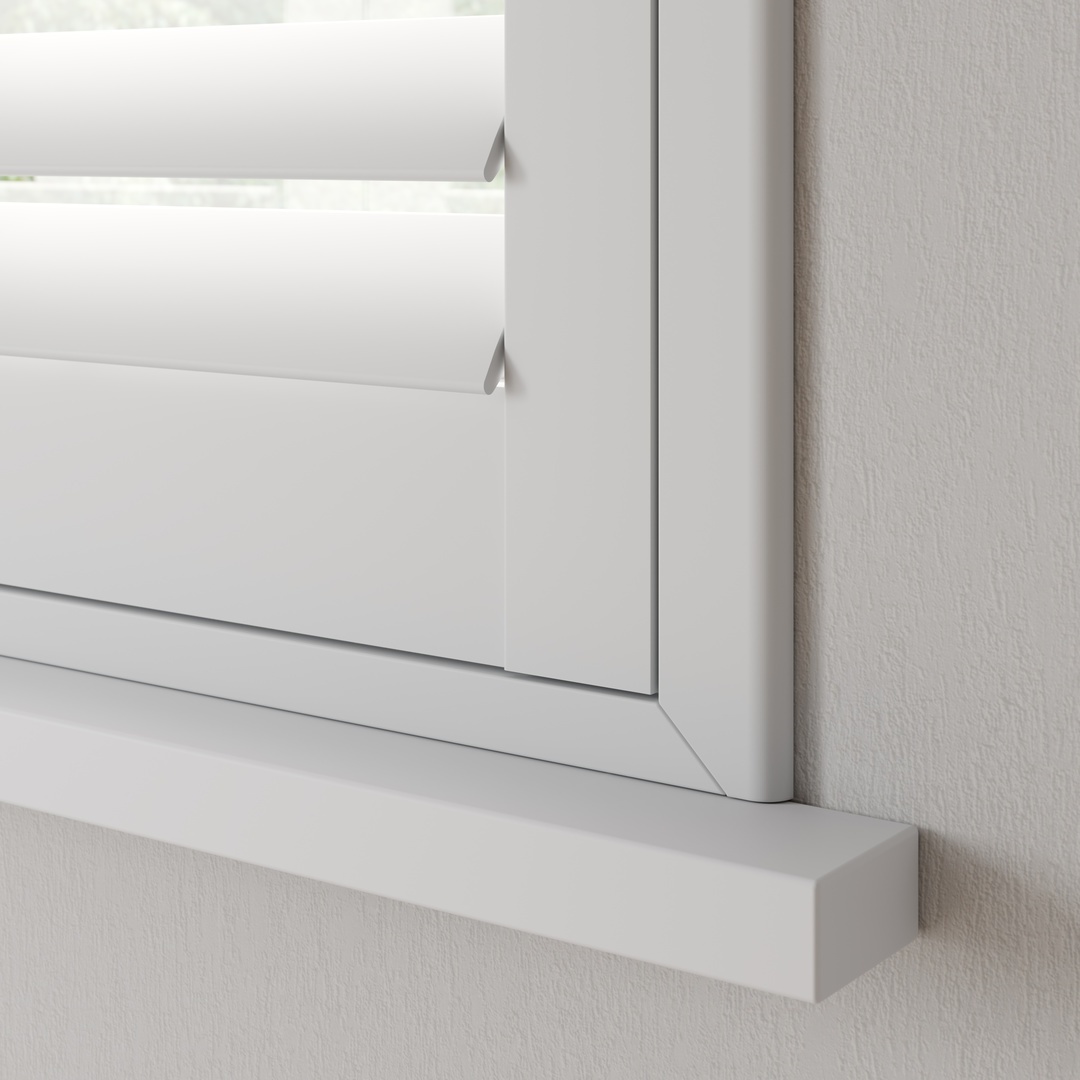 Outside view of a Snow White faux wood shutter with a Z Frame