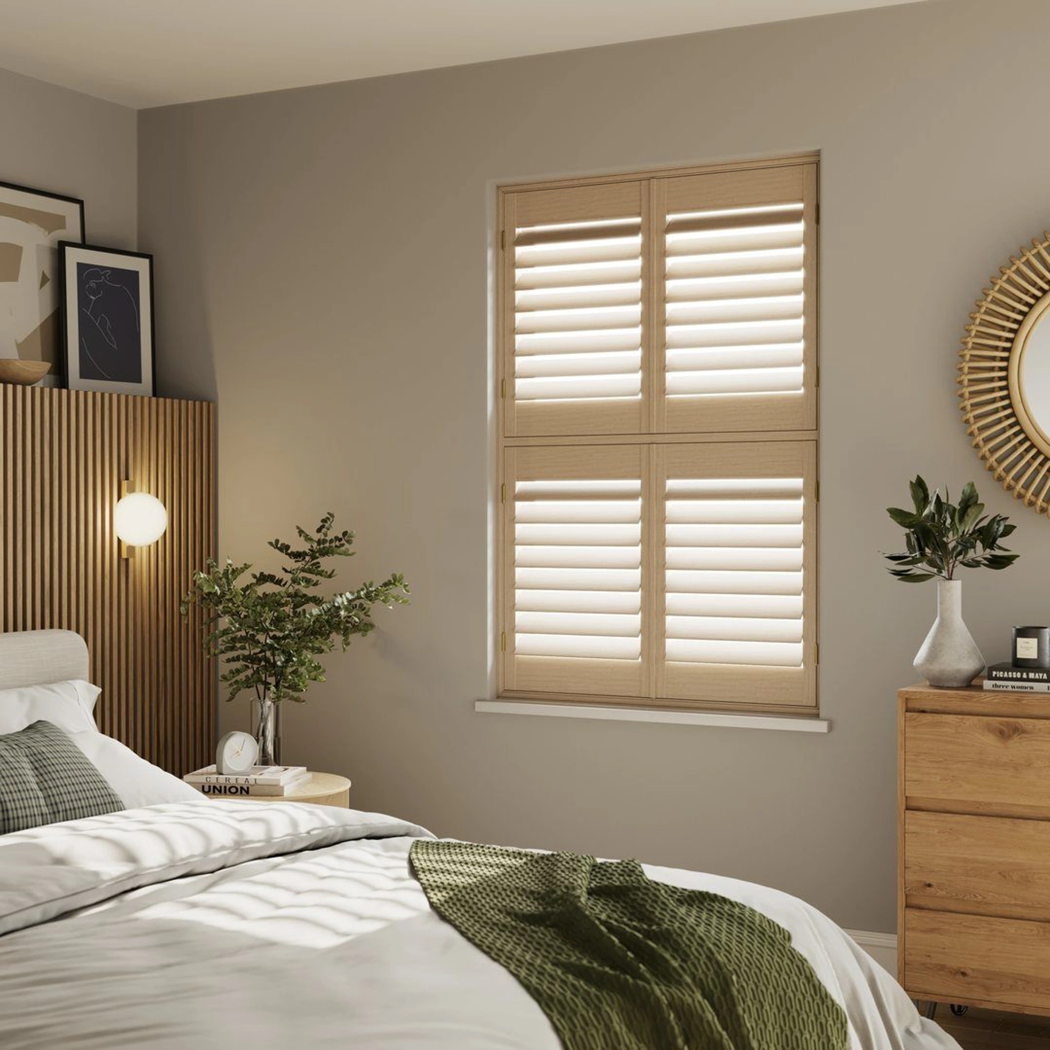 Natural Stained wooden shutters in neutral bedroom