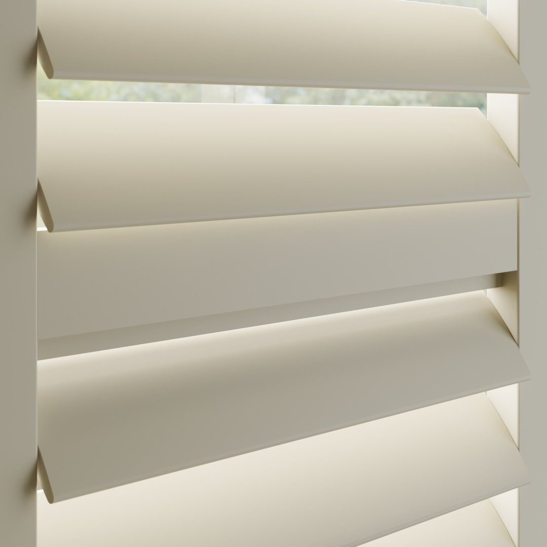 Cream wooden shutter with a midrail and hidden tilt rod