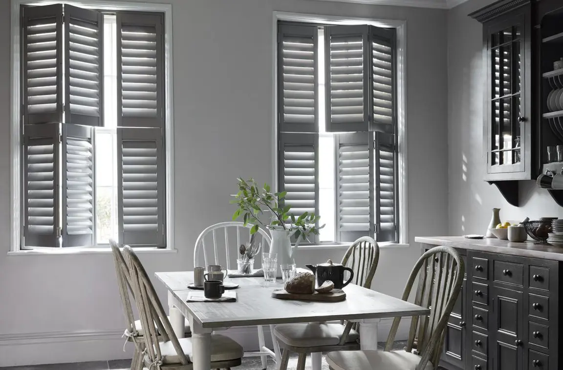 Signal Grey tier on tier shutters in vintage kitchen