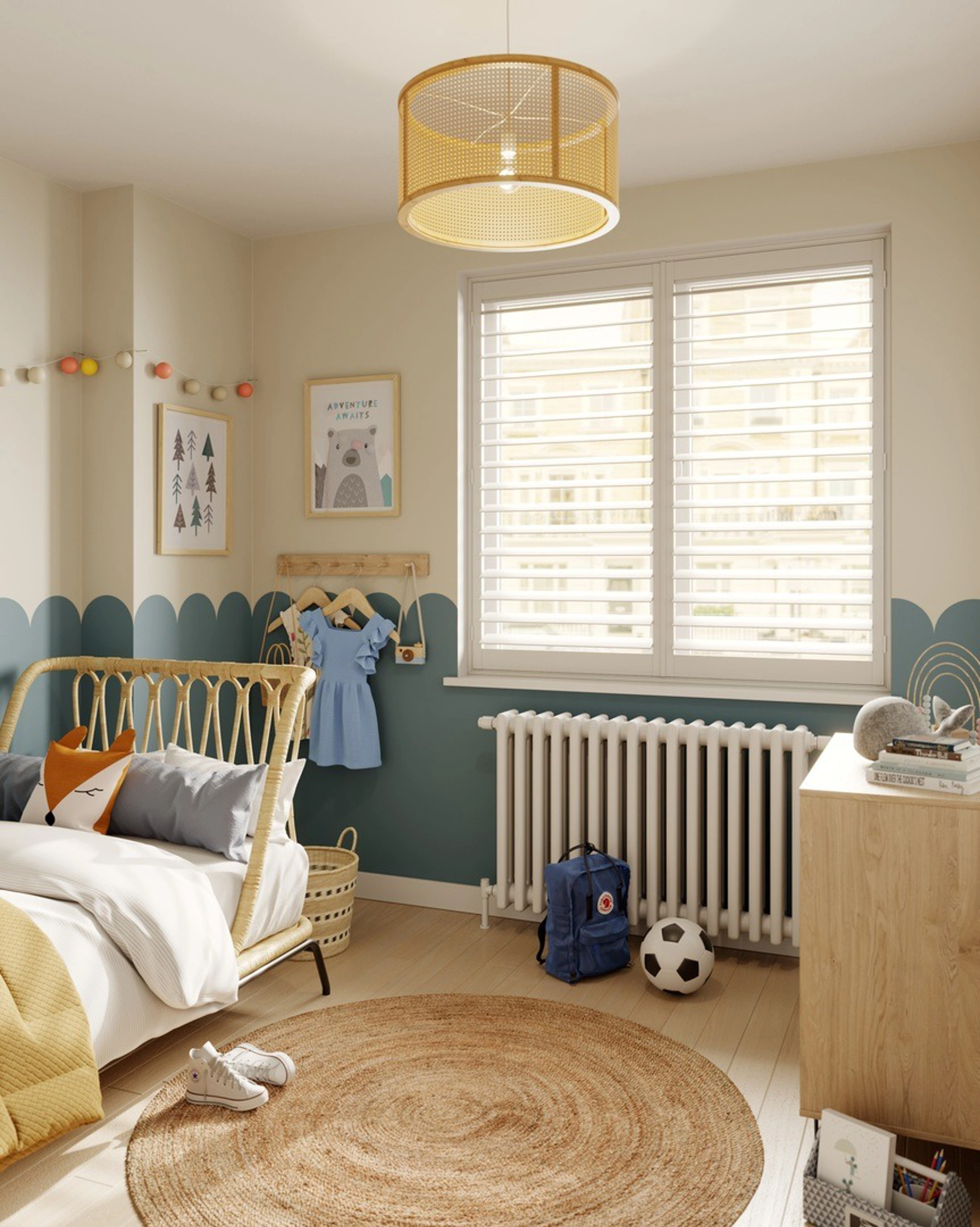 Vivid White wooden shutters in kids bedroom