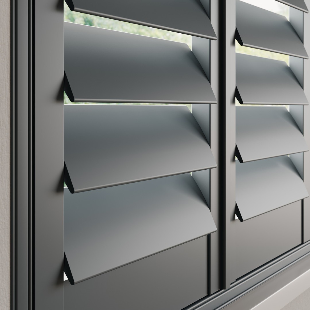 A Traffic Grey wooden shutter with 89mm slats and a hidden tilt rod