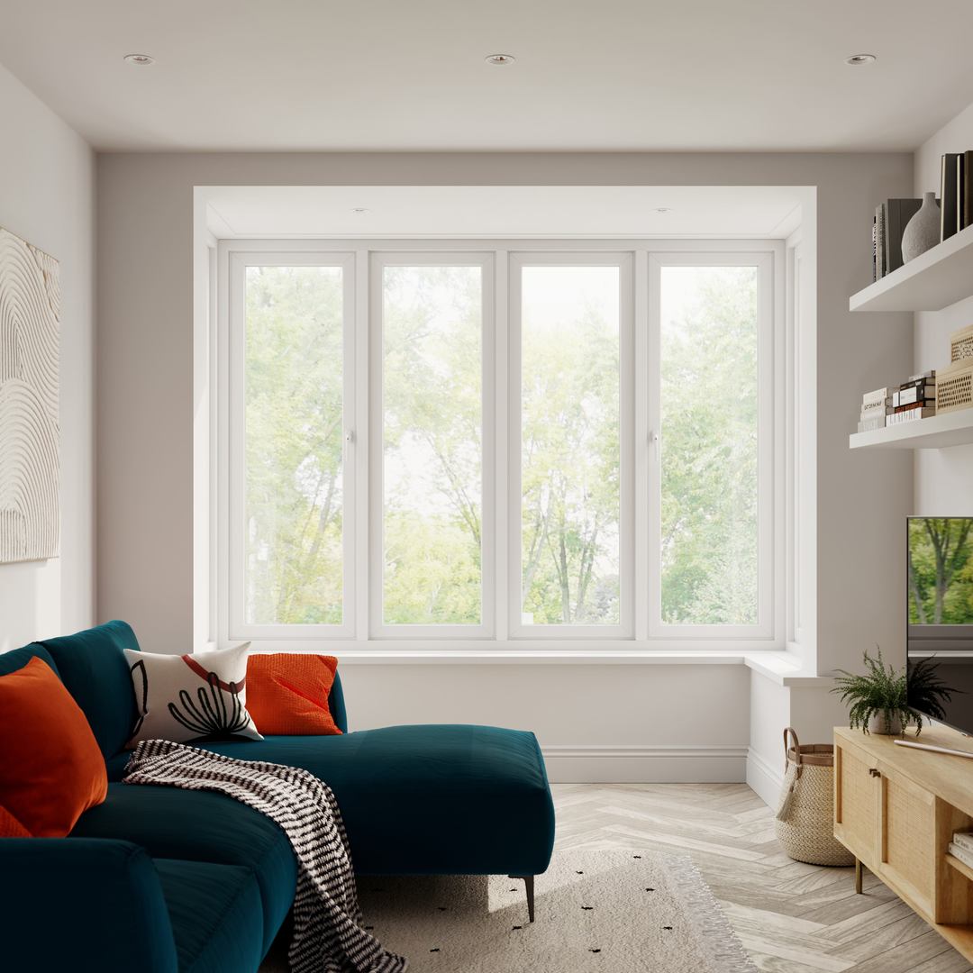 White PVC window with navy sofa