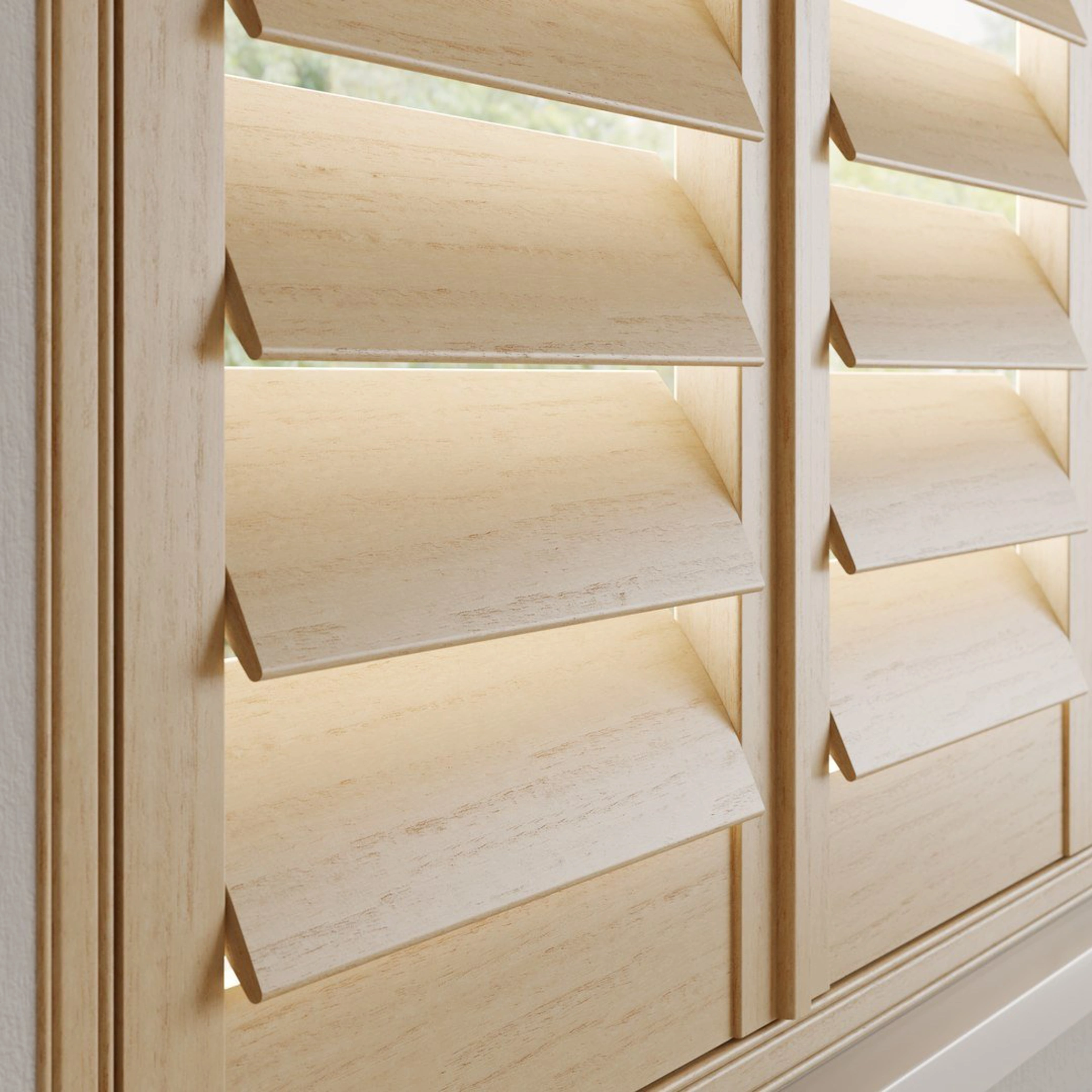 A Natural Stained wooden shutter with 89mm slats and a hidden tilt rod