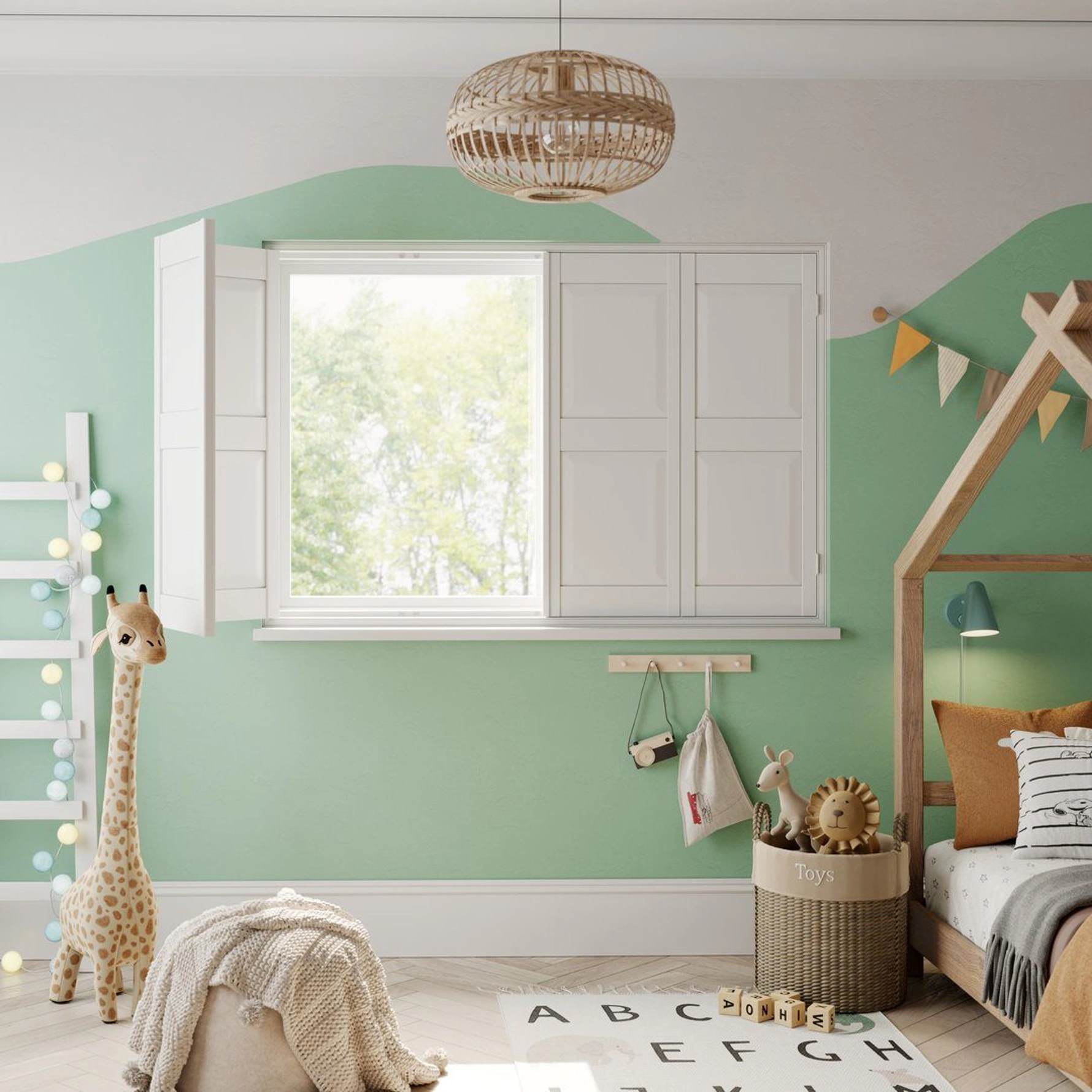 A children's bedroom with Traffic White solid raised wooden shutters 