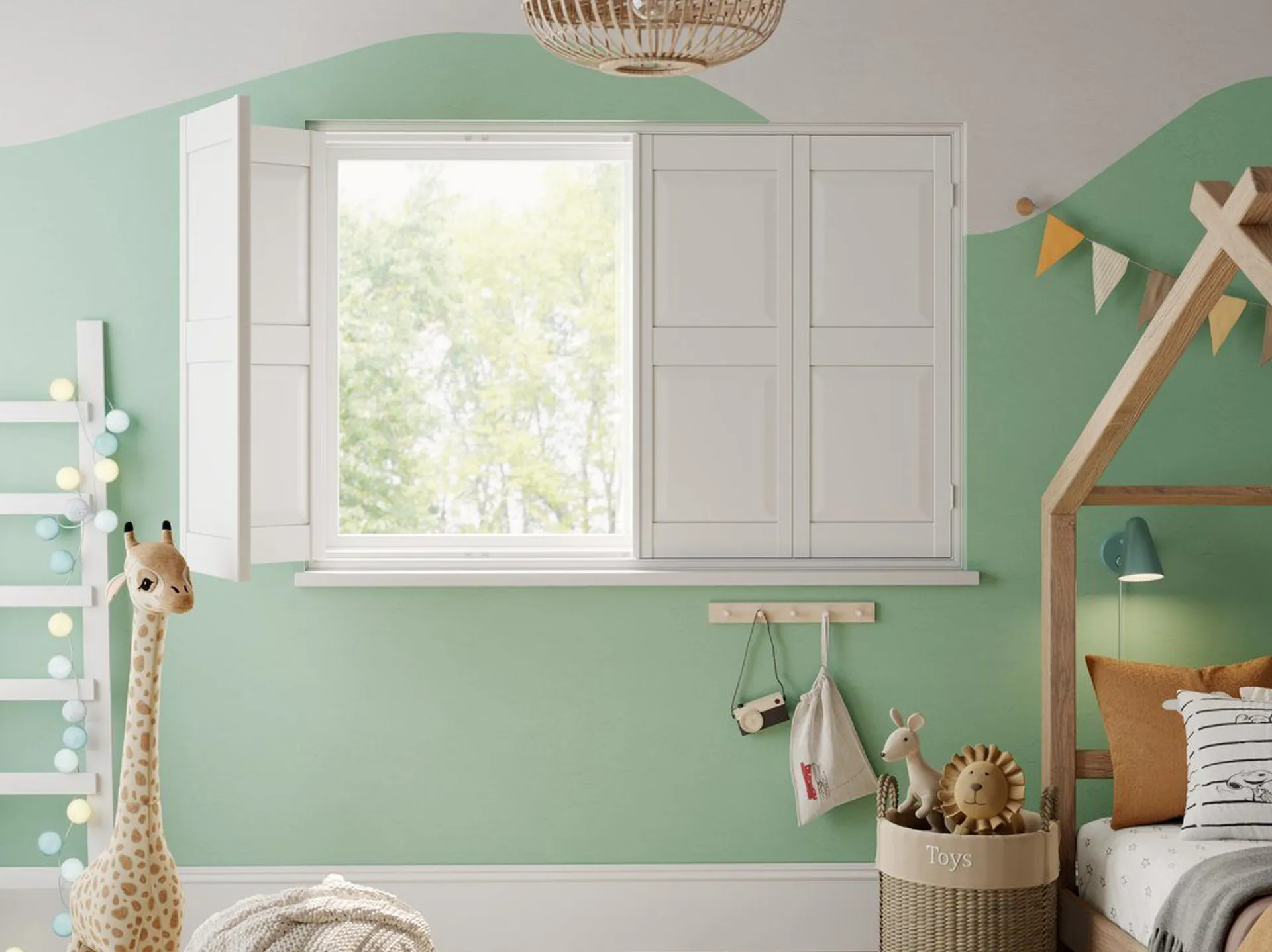 A children's bedroom with Traffic White solid raised wooden shutters