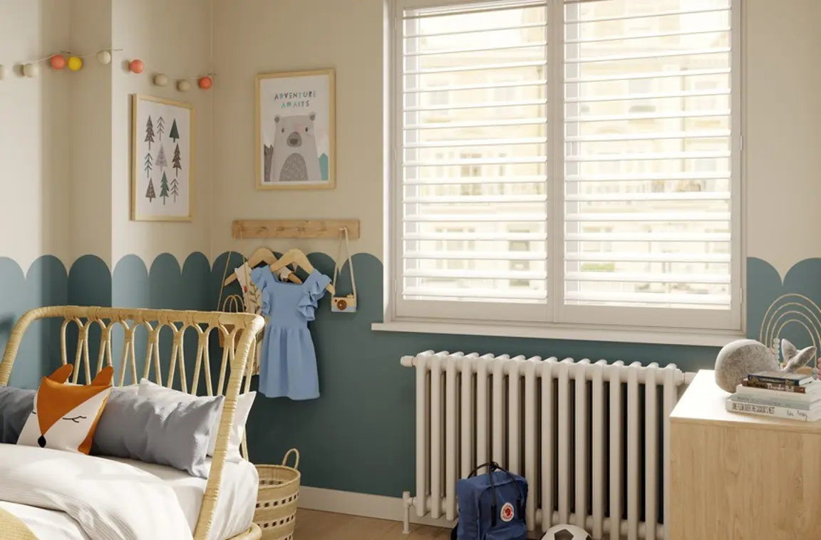 Vivid White wooden shutters in kids bedroom