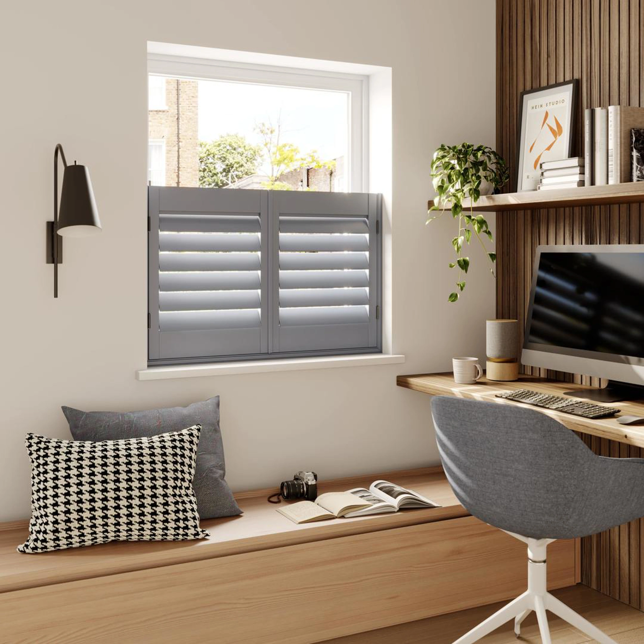 A modern home office with Signal Grey cafe style wooden shutters 