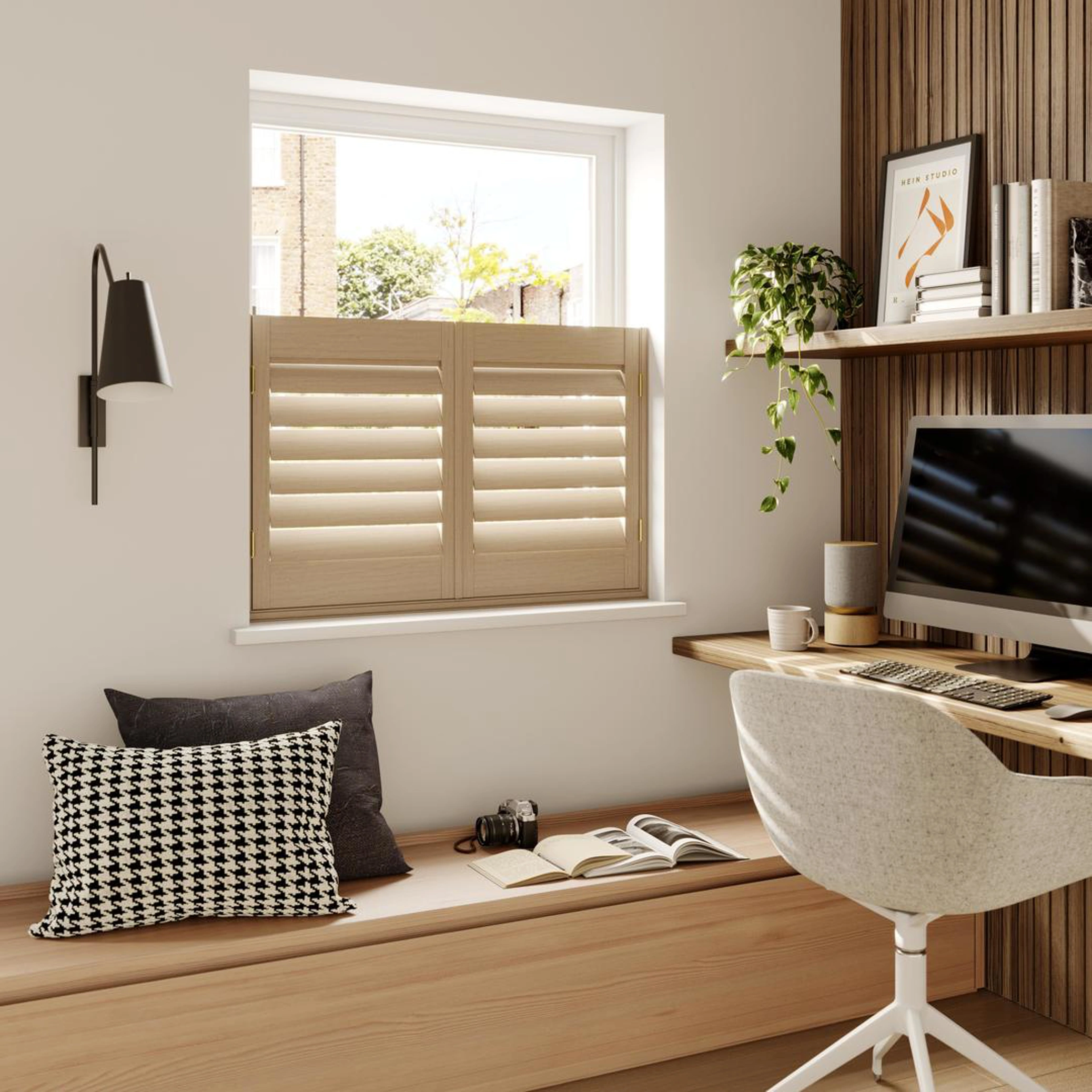 A modern home office with Natural Stained cafe style wooden shutters 