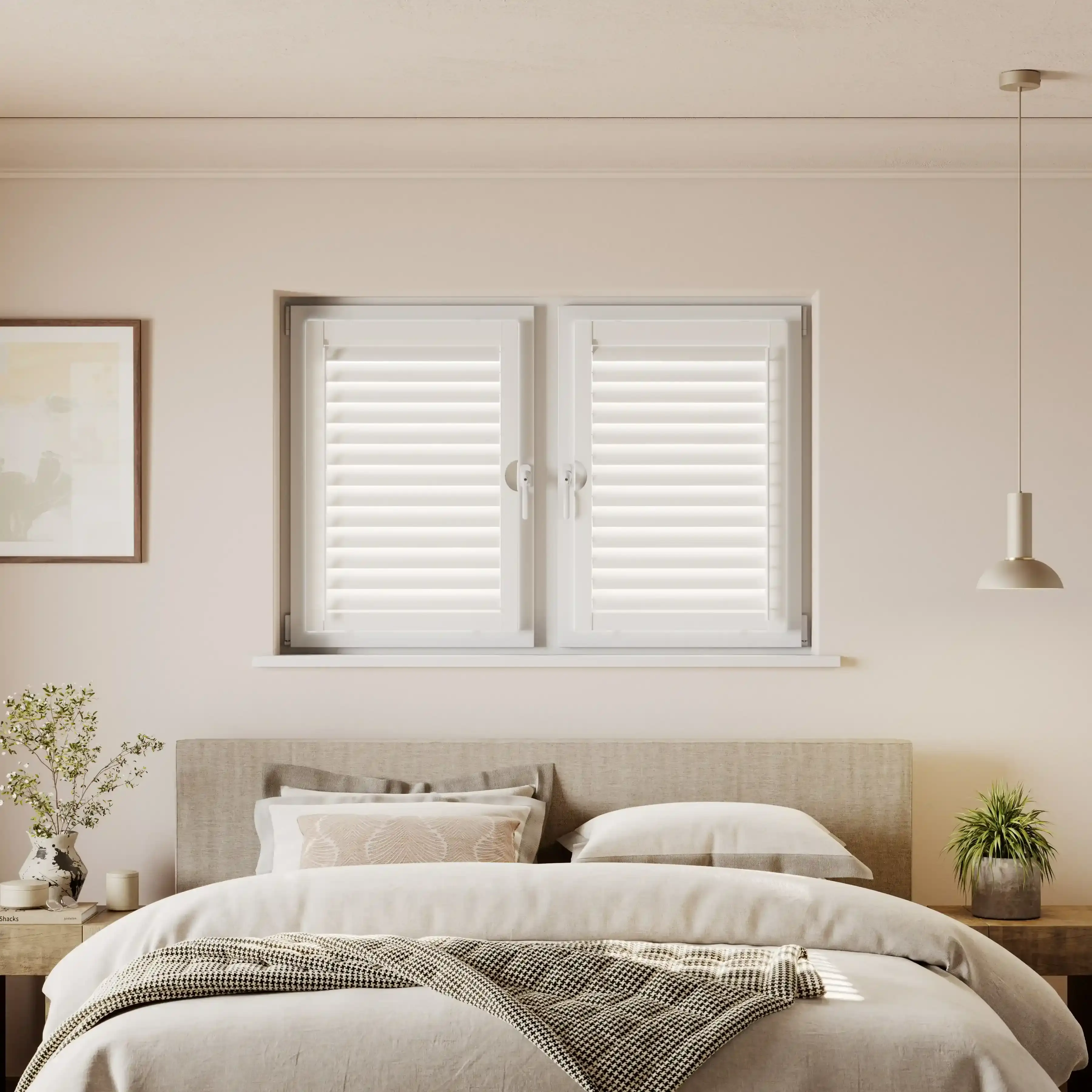 Cotton white perfect fit window shutters in bedroom