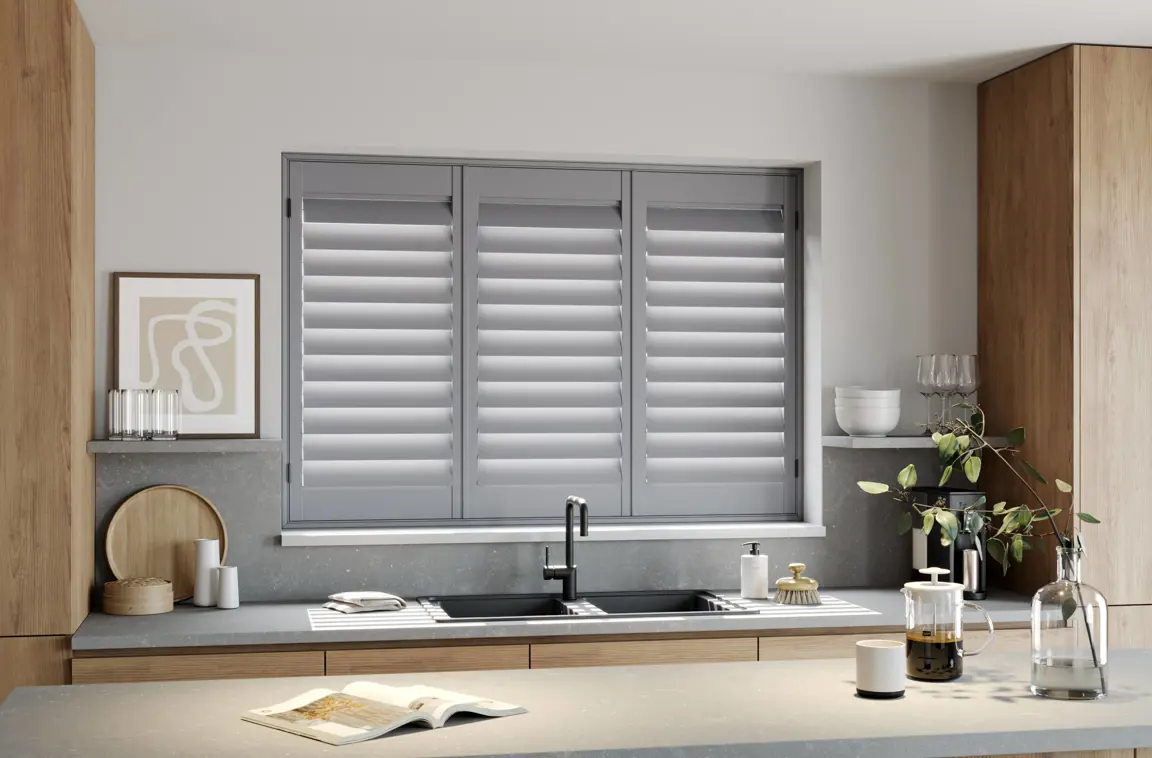 Signal Grey wooden shutter in modern kitchen