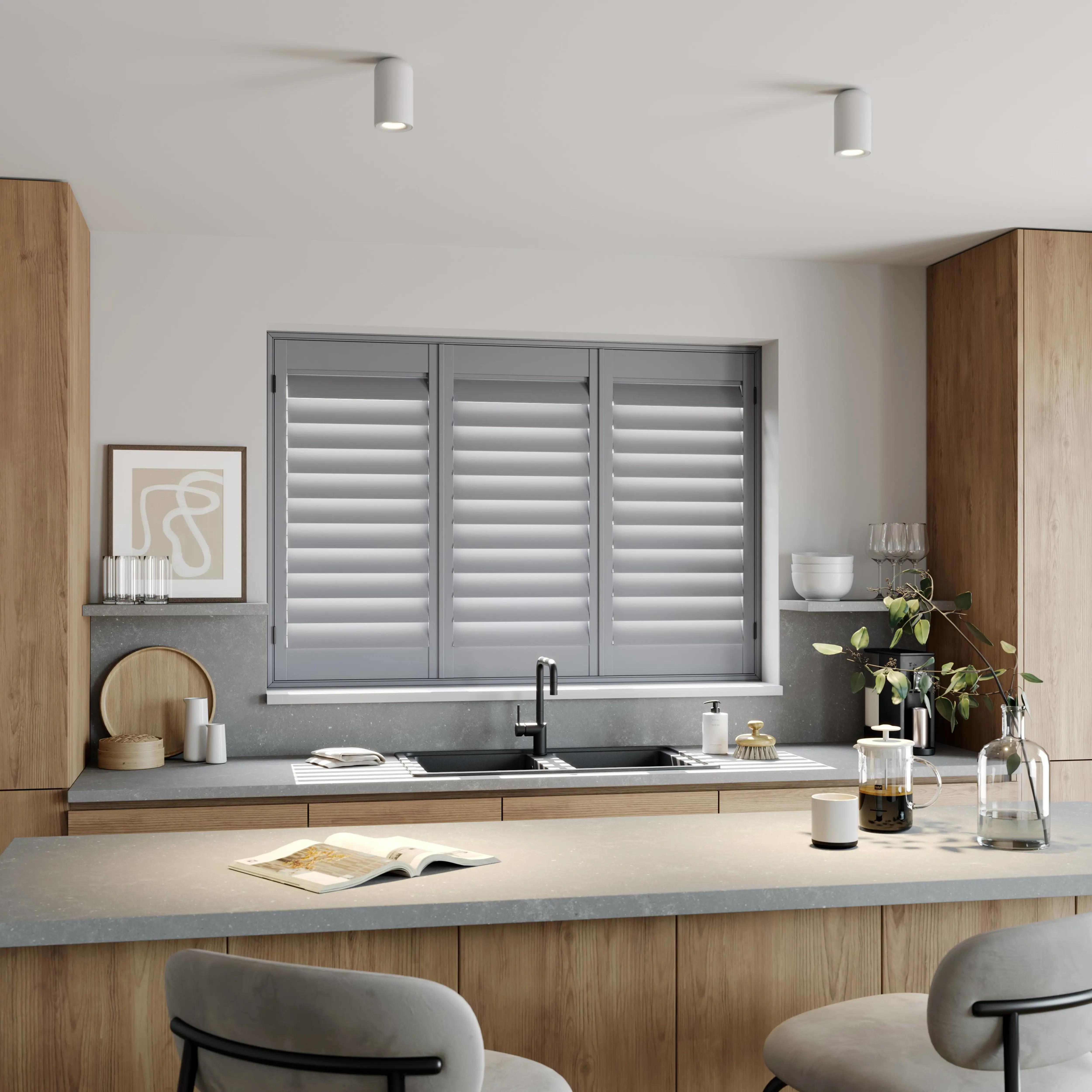 Signal Grey wooden shutter in modern kitchen