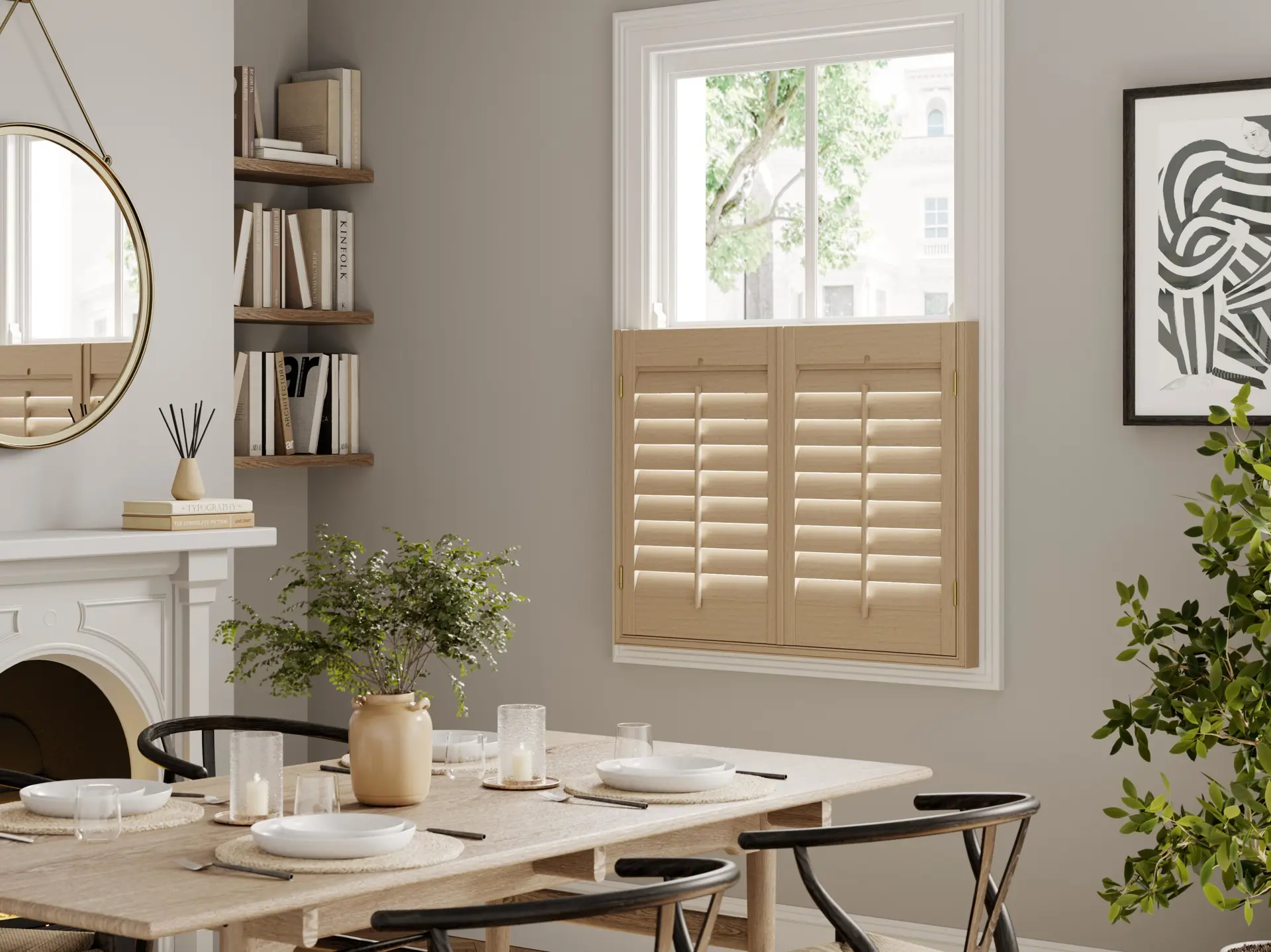 Wooden shutters in modern dining room