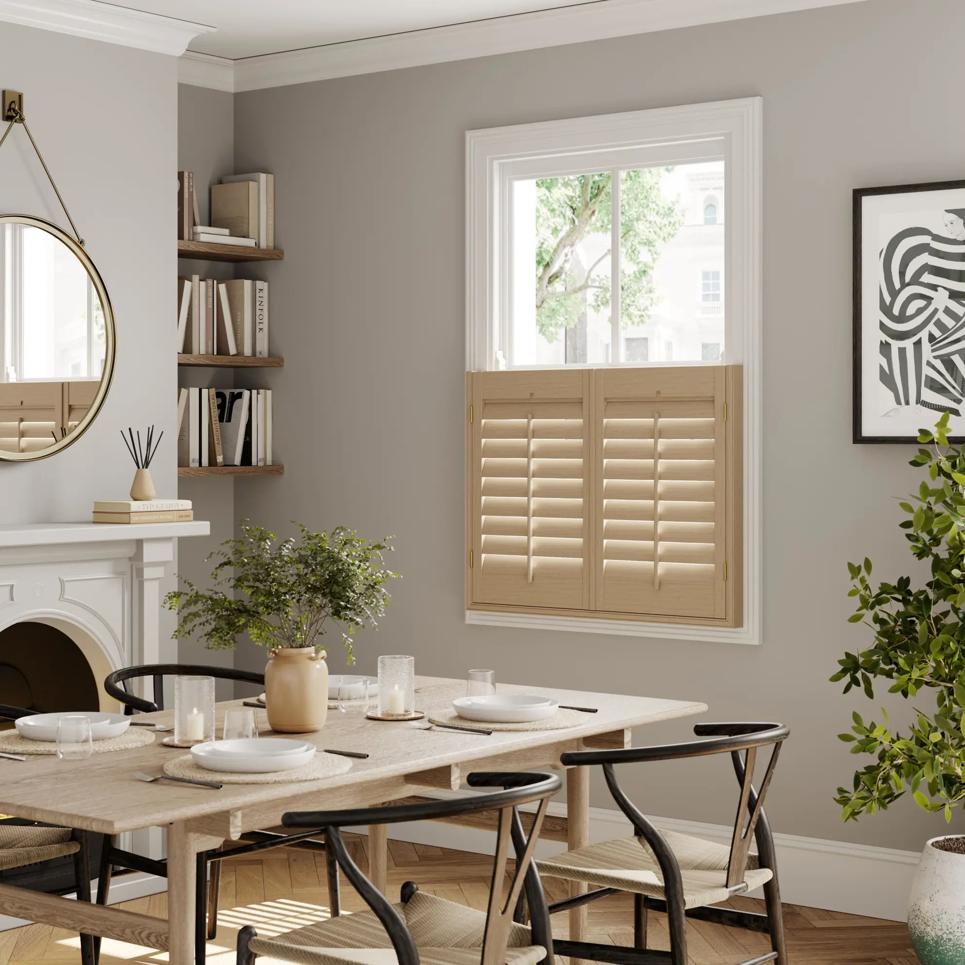 Wooden shutters in modern dining room