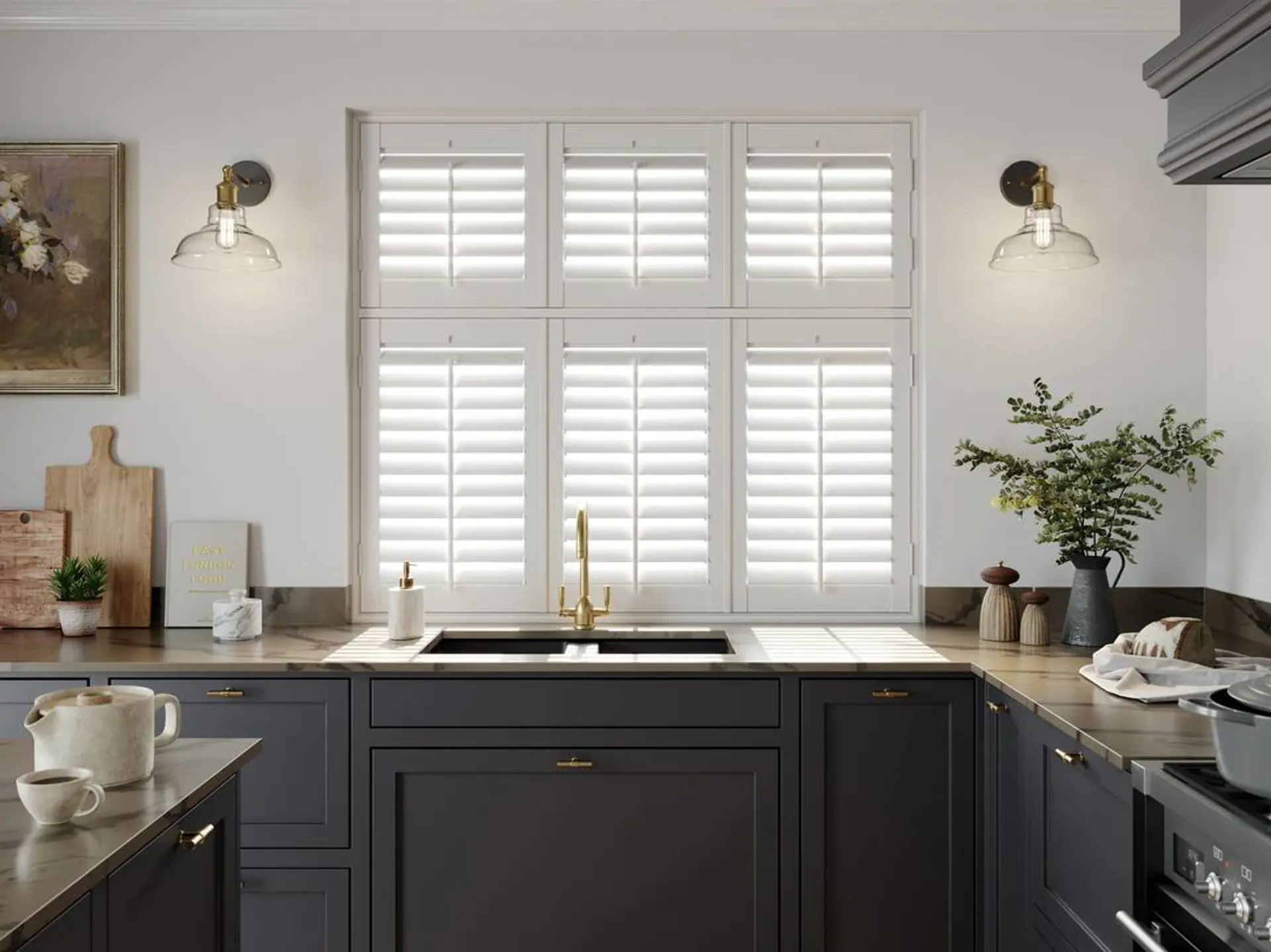 White tier on tier shutters in navy kitchen