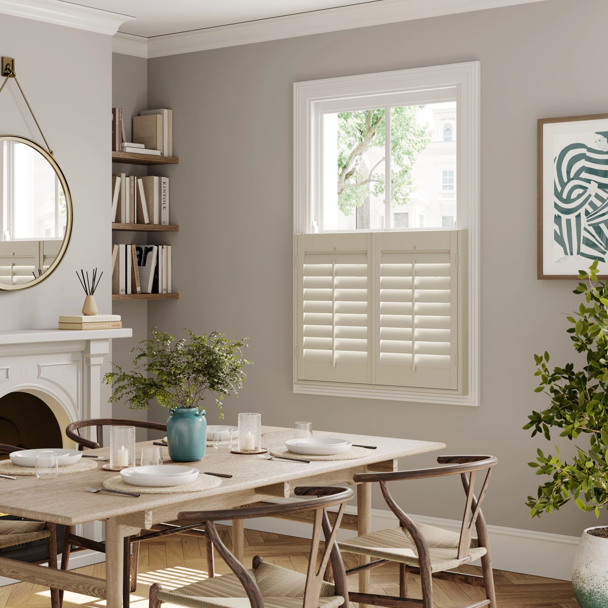 A modern neutral dining room with Cream cafe style wooden shutters 