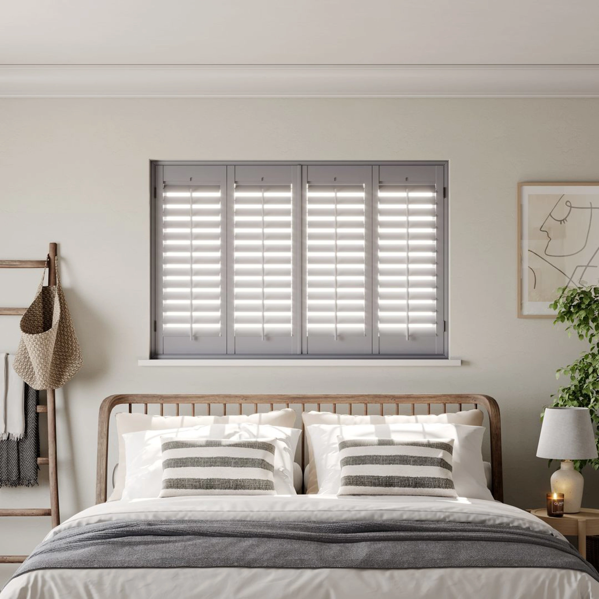 A modern neutral bedroom with Signal Grey full height wooden shutters