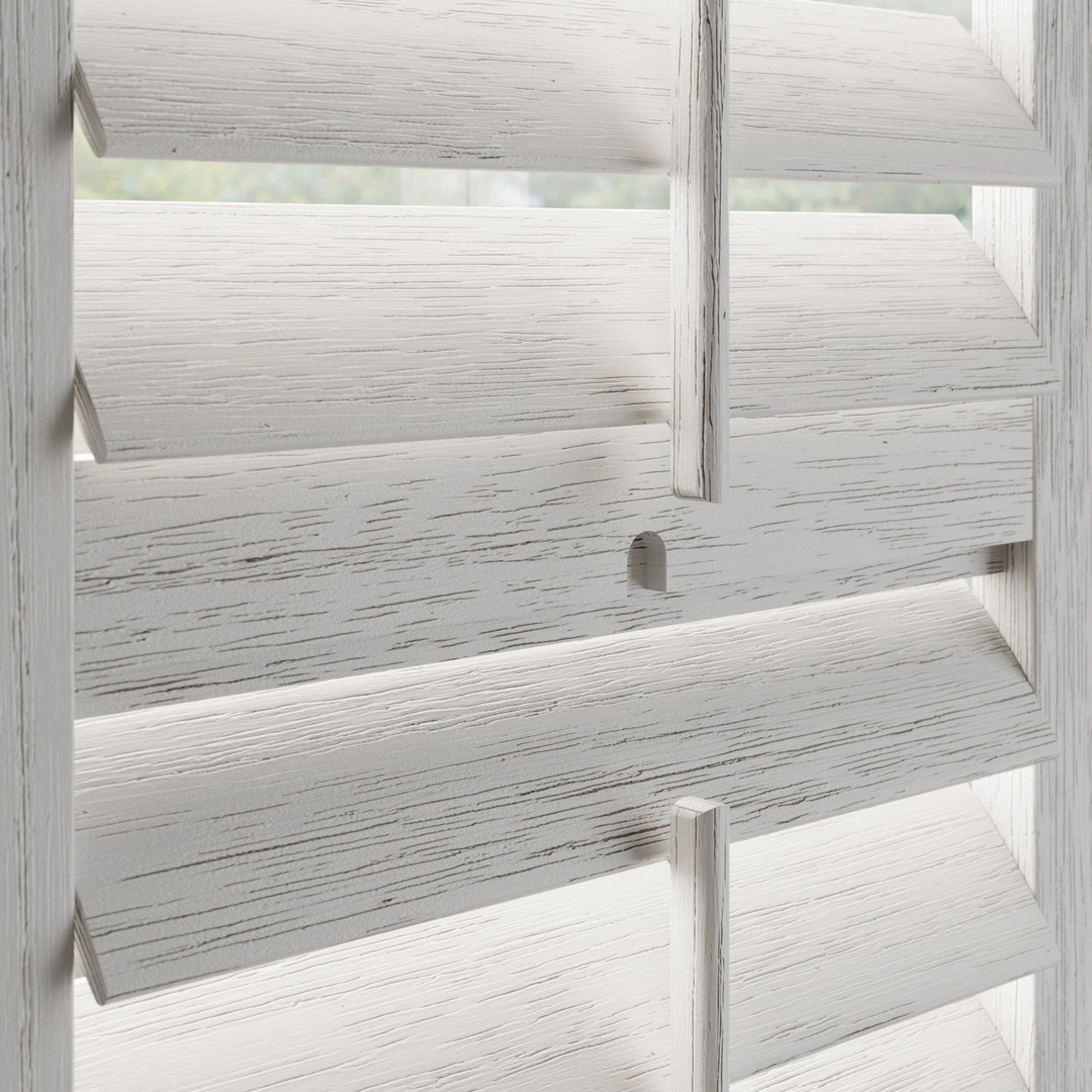 White Grained wooden shutters with a central tilt rod