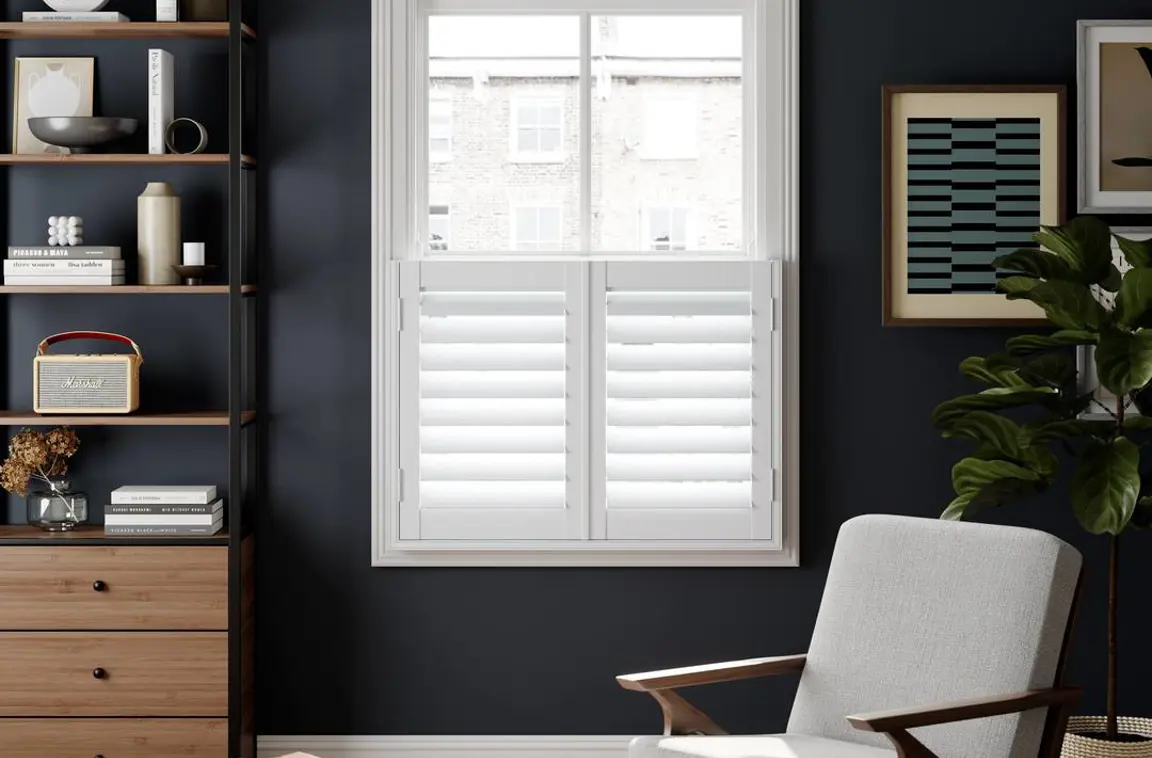 Snow White faux wood shutters on navy wall