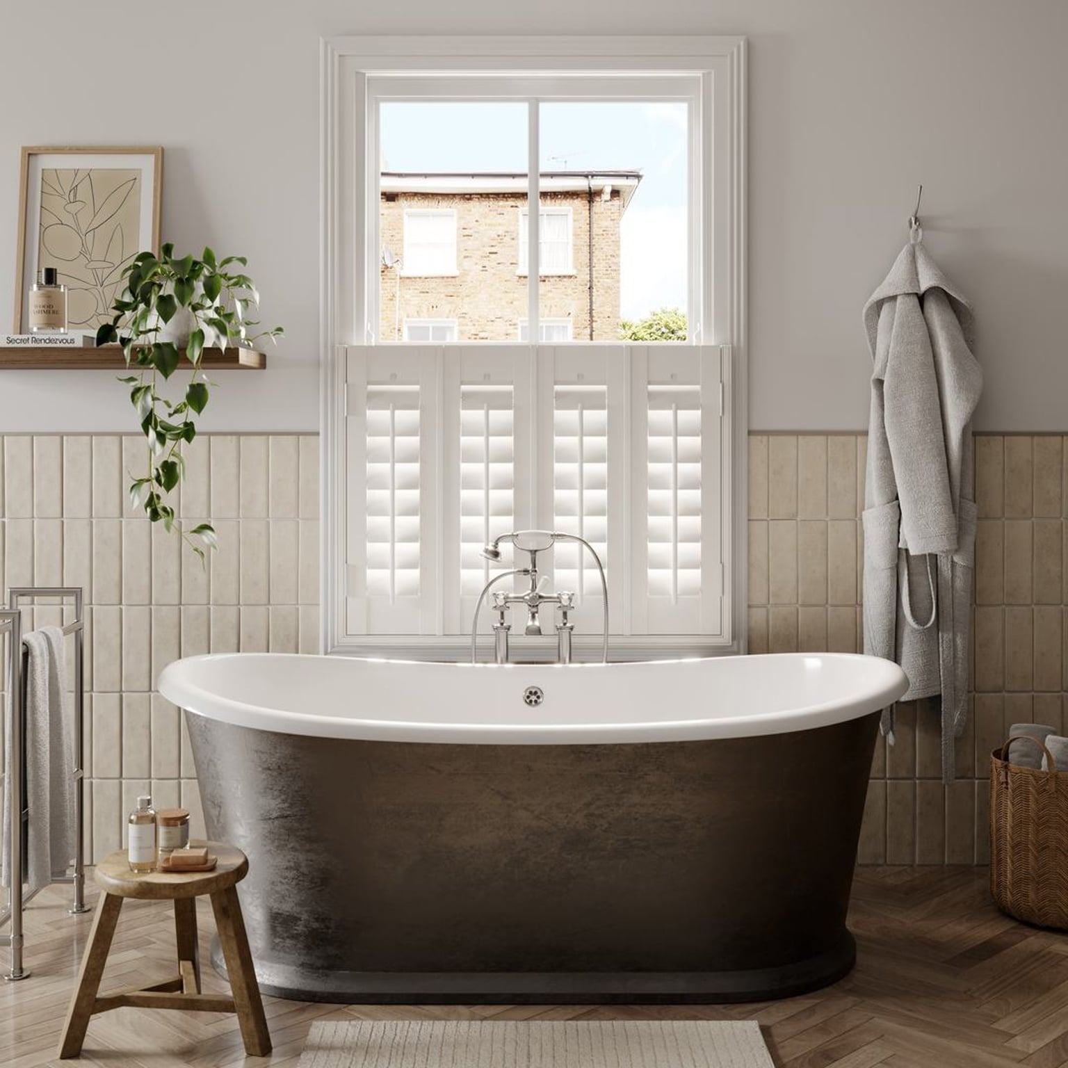 A traditional bathroom with Silk White cafe style faux wood shutters