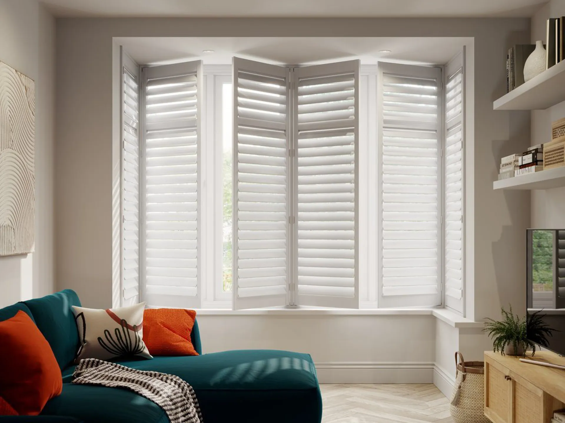 Vivid White wooden full height shutters in box bay living room window