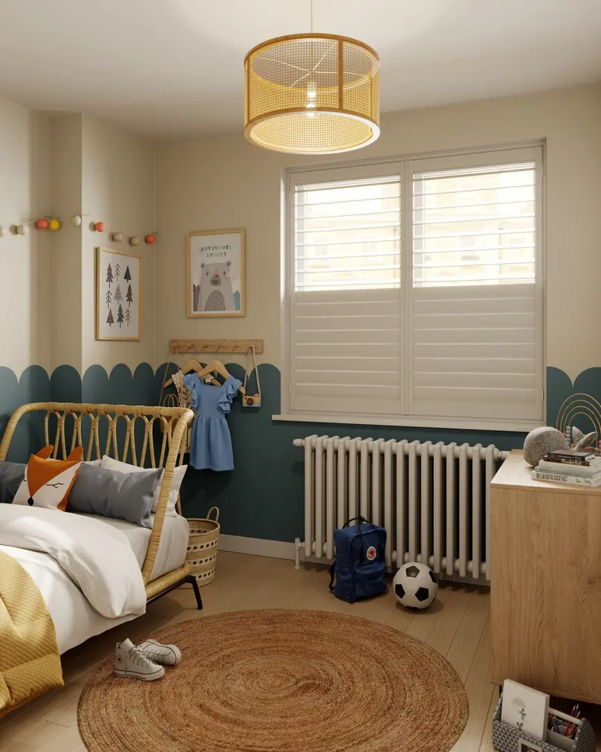 Vivid White full height shutters in kids bedroom with a split tilt