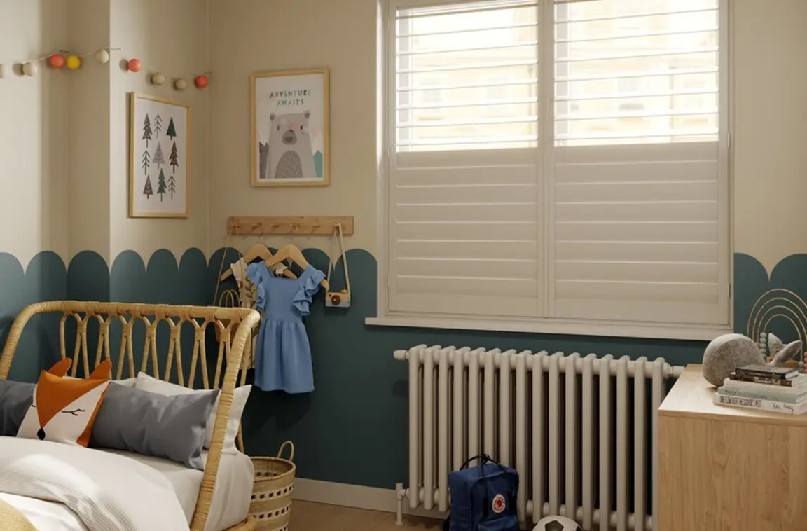 Vivid White full height shutters in kids bedroom with a split tilt