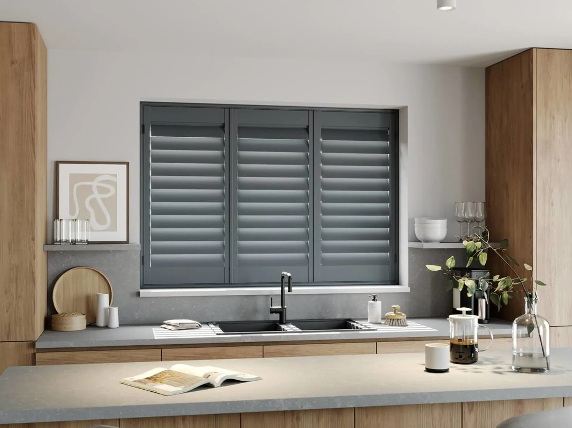 A modern kitchen with Traffic Grey full height wooden shutters 