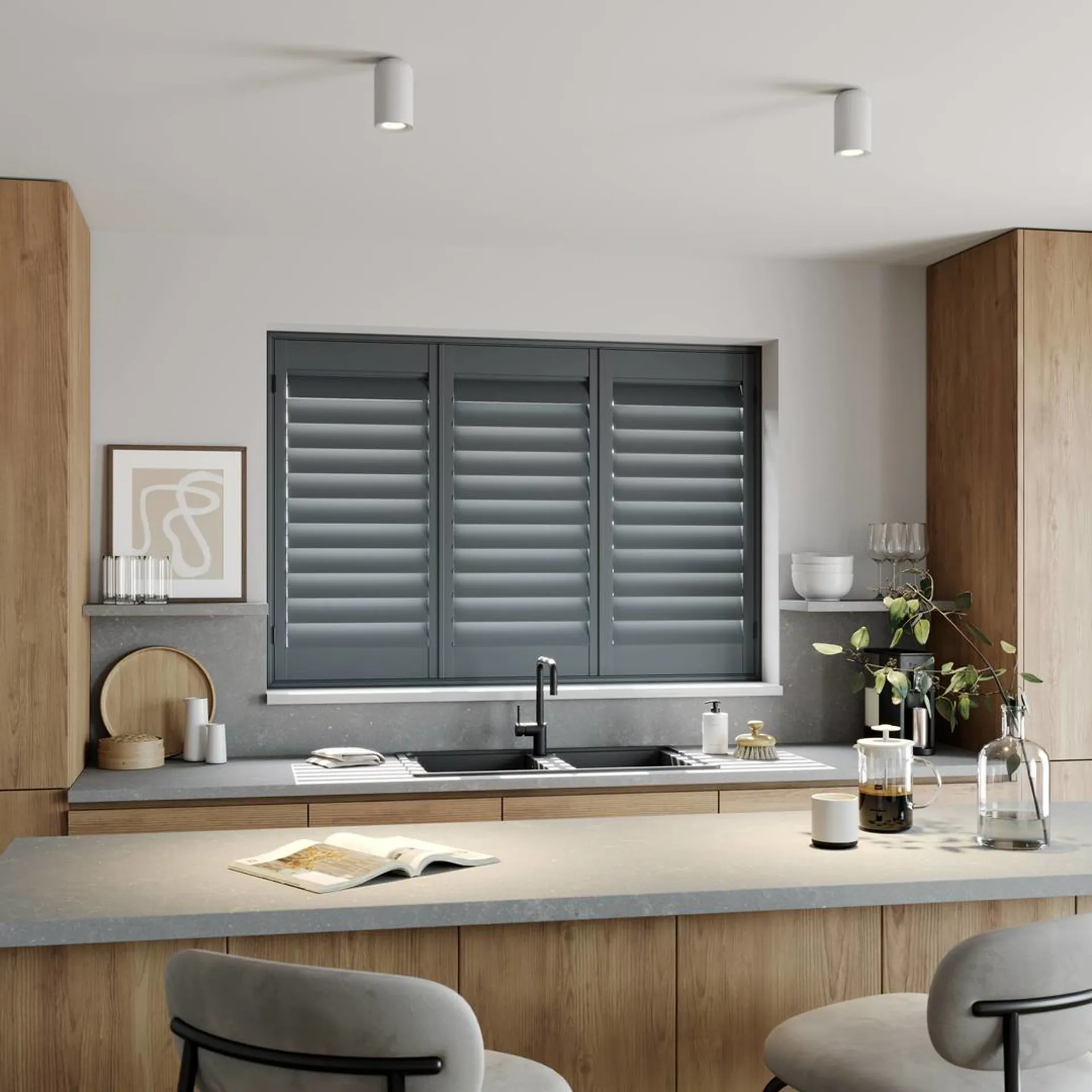 A modern kitchen with Traffic Grey full height wooden shutters 