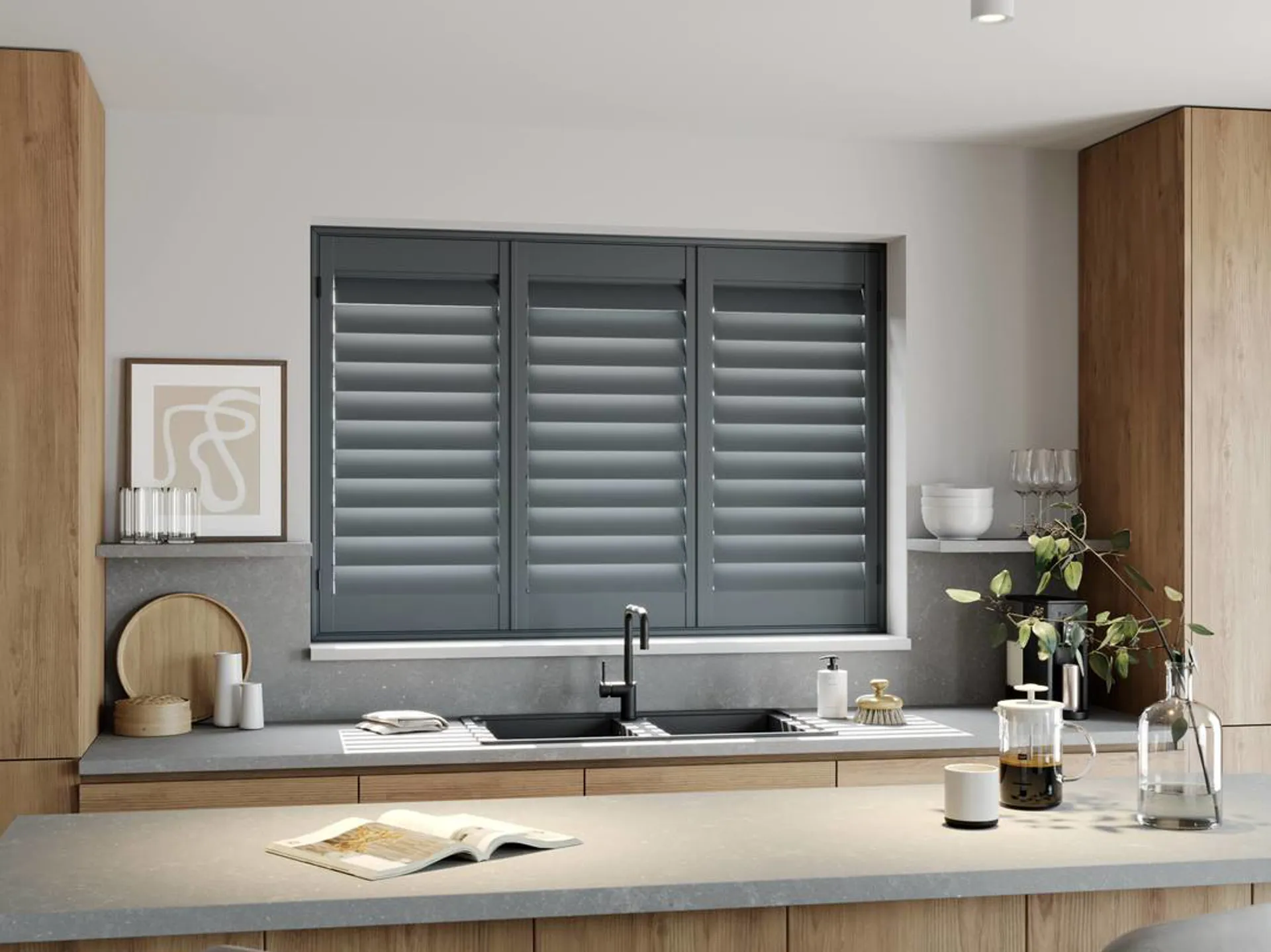 A modern kitchen with Traffic Grey full height wooden shutters