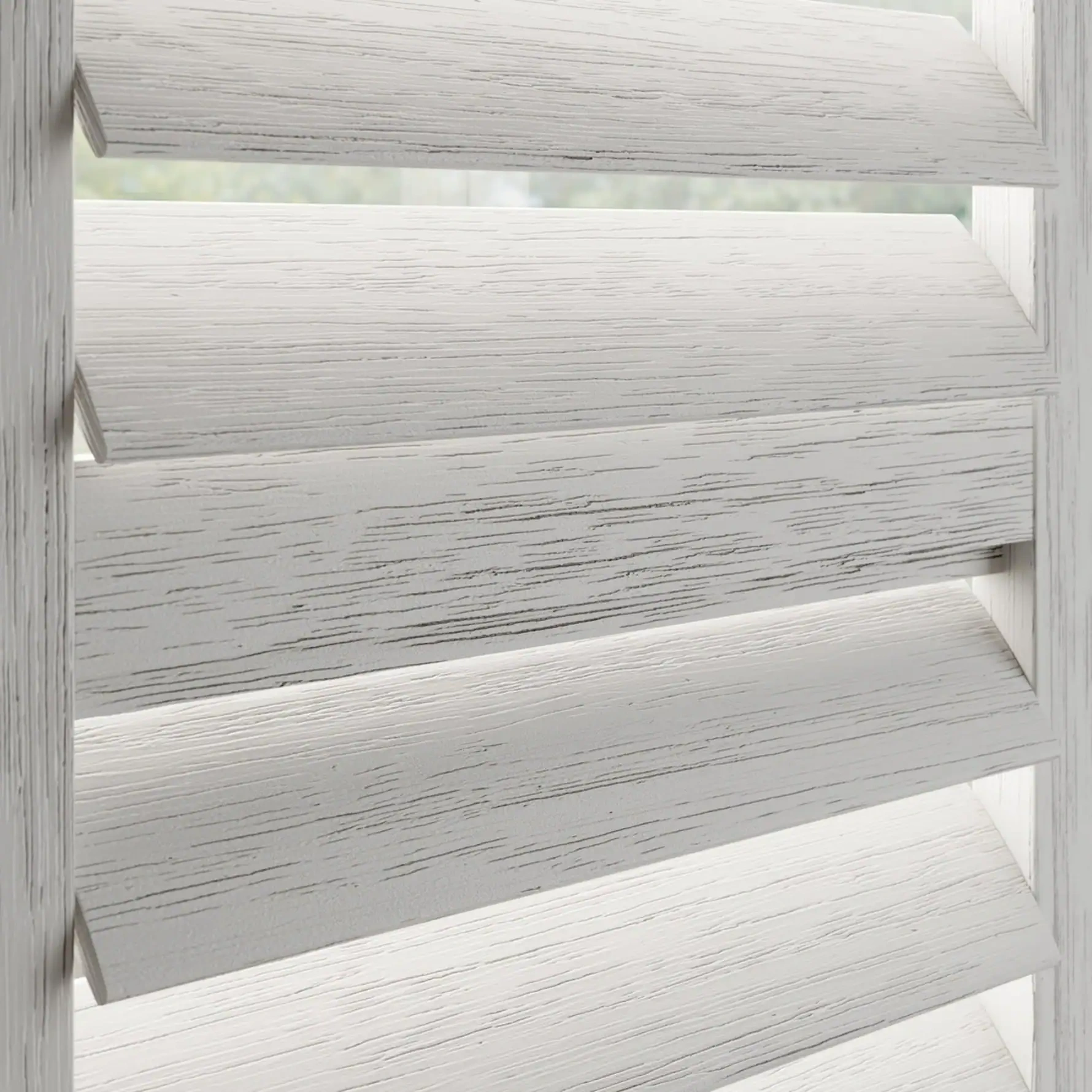 White Grained wooden shutter with a midrail and hidden tilt rod