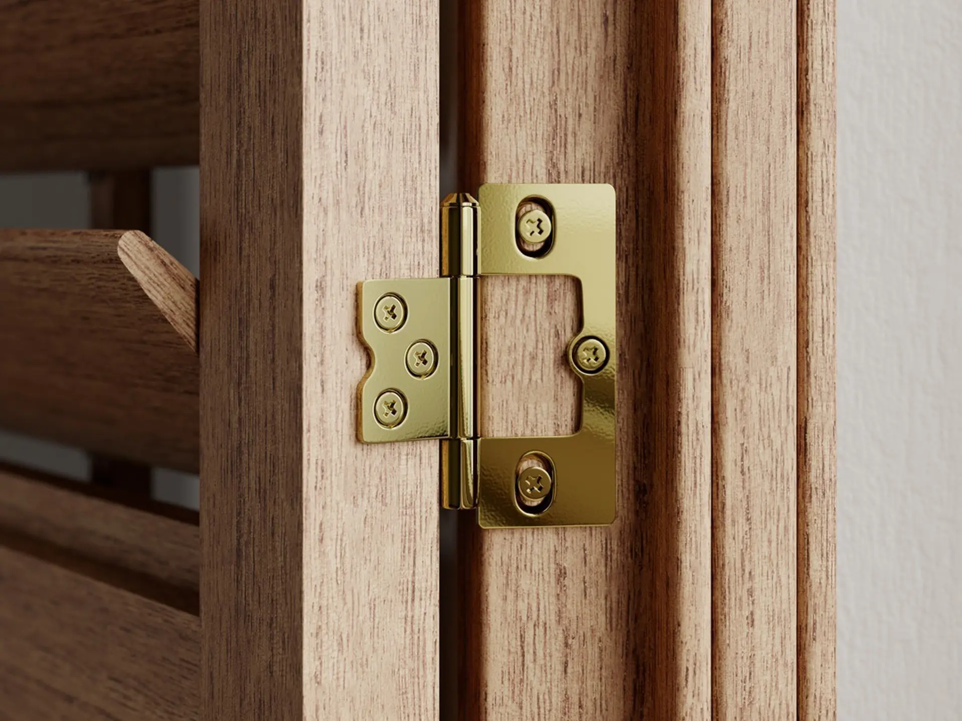 A Honey Stained wooden shutter with a Brass hinge