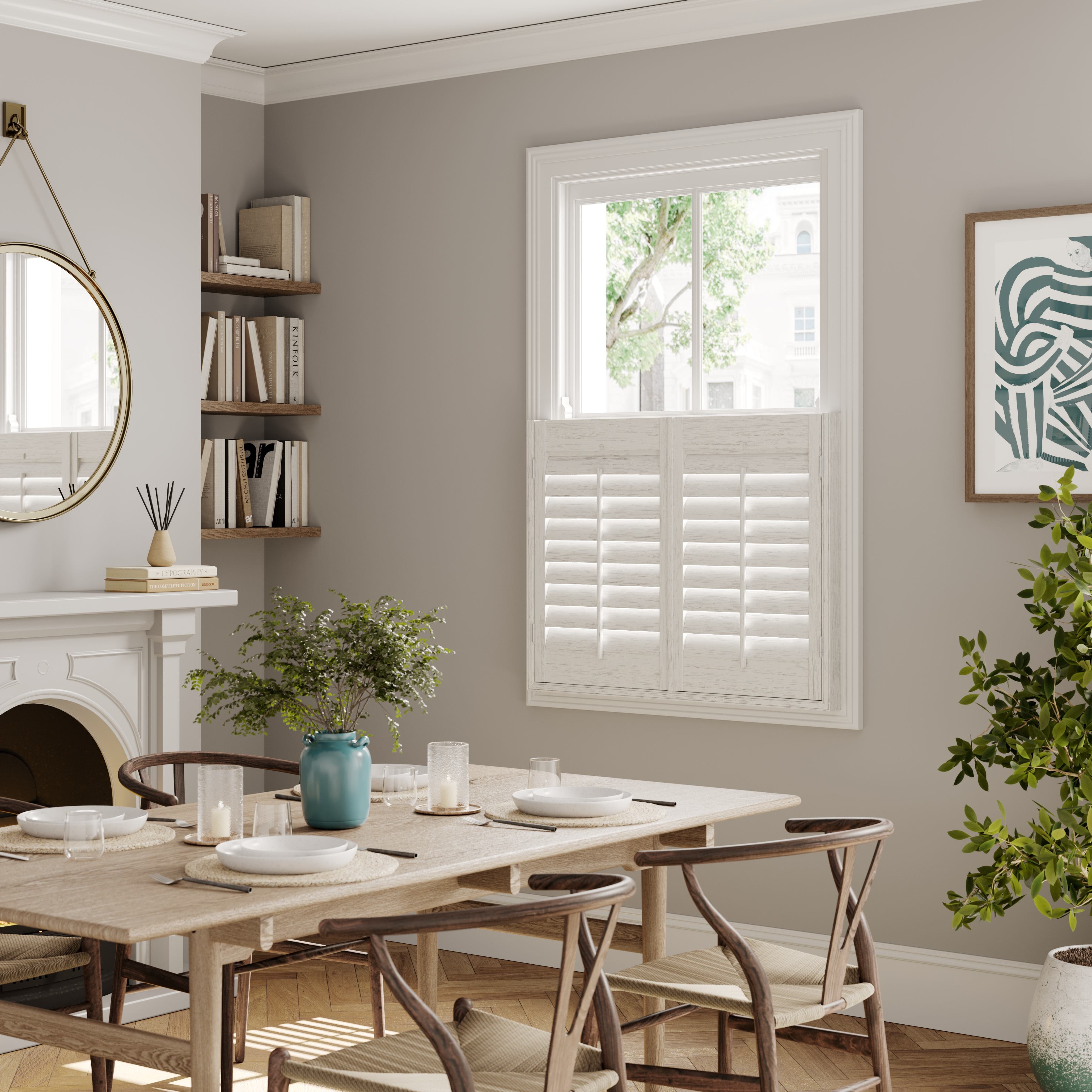 A modern neutral dining room with White Grained cafe style wooden shutters 