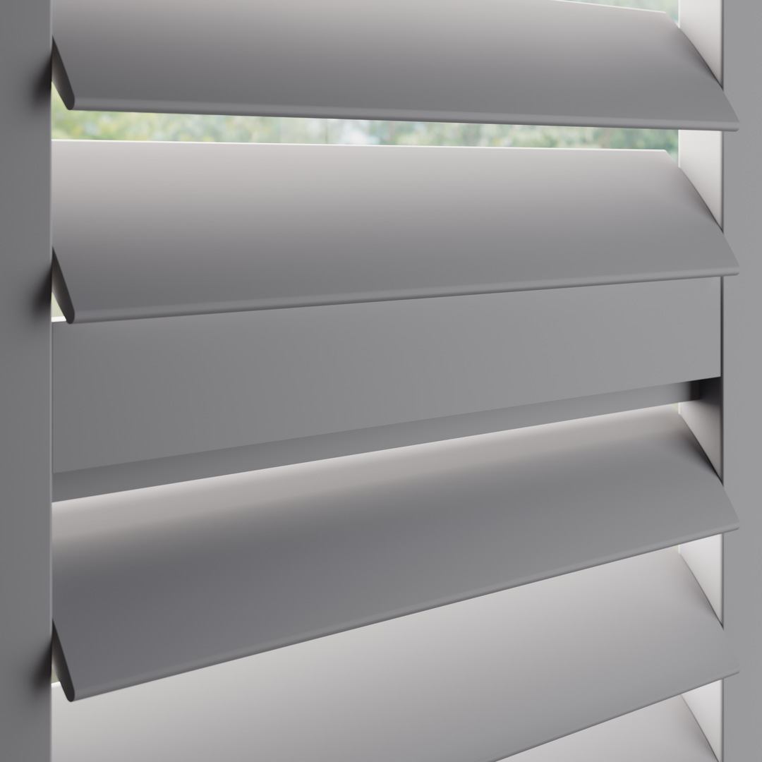 Signal Grey wooden shutter with a midrail and hidden tilt rod