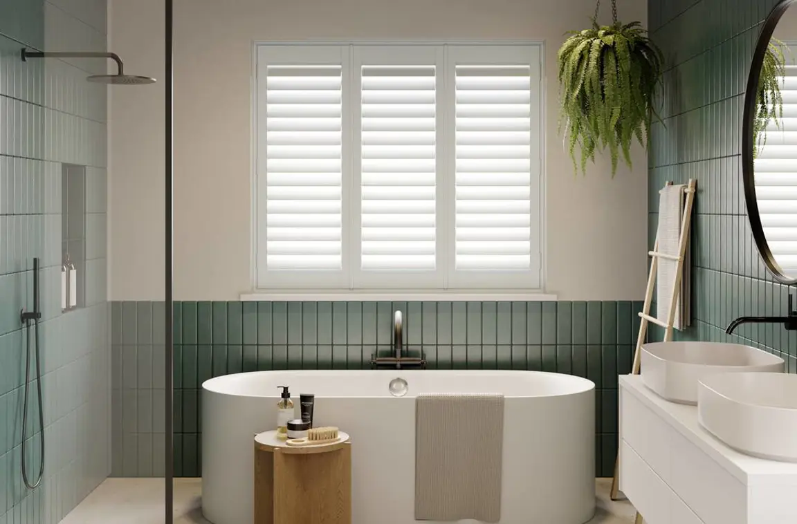 Snow White faux wood shutters in modern bathroom