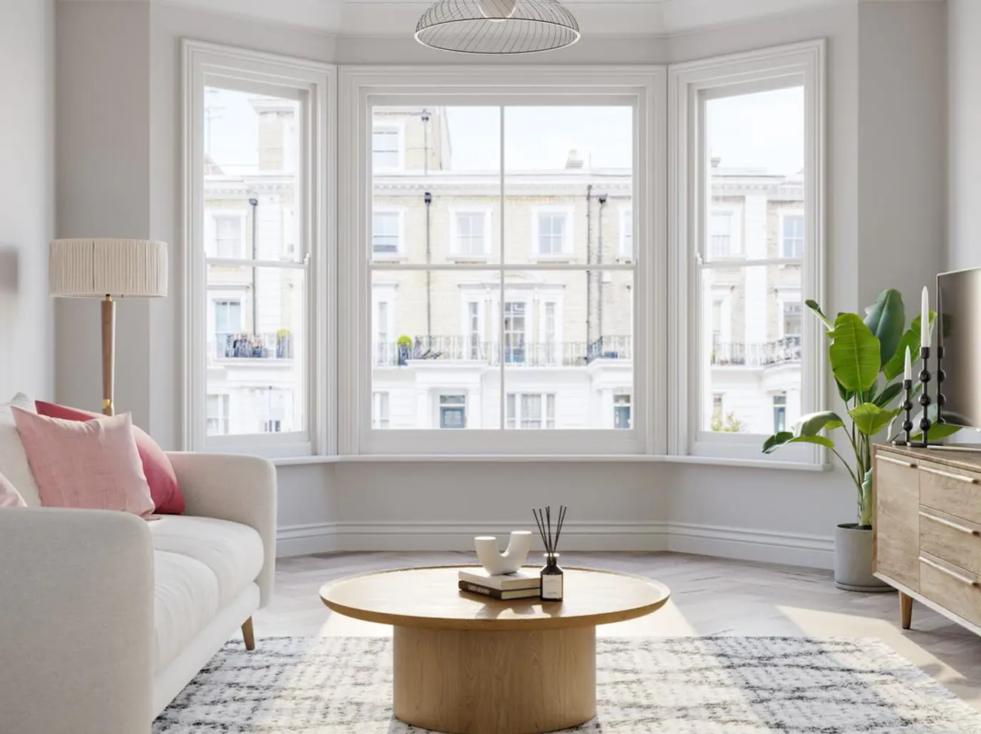 Splayed bay sash window in living room