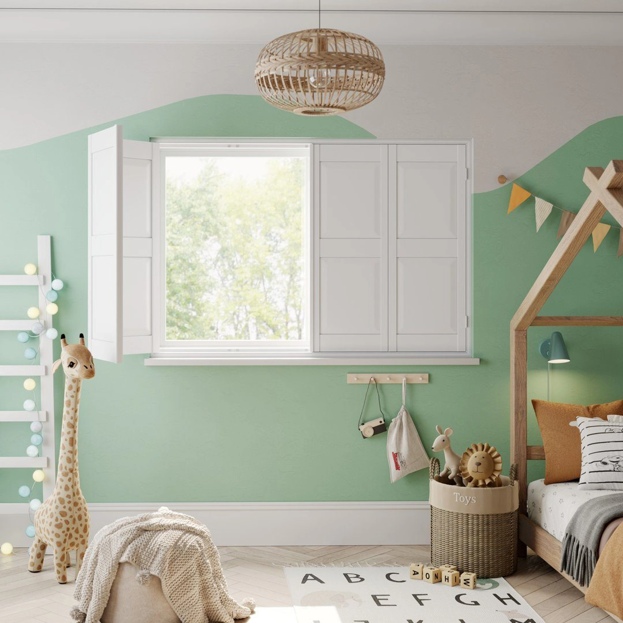 A children's bedroom with Vivid White solid raised wooden shutters 