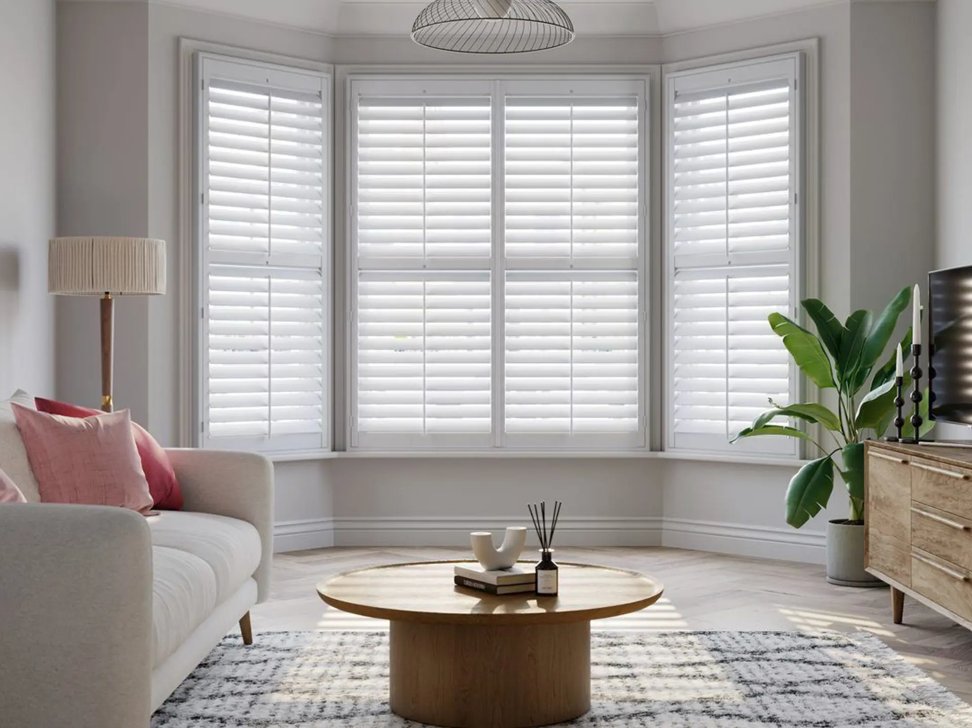 Vivid White splayed bay window shutters with cream sofa 