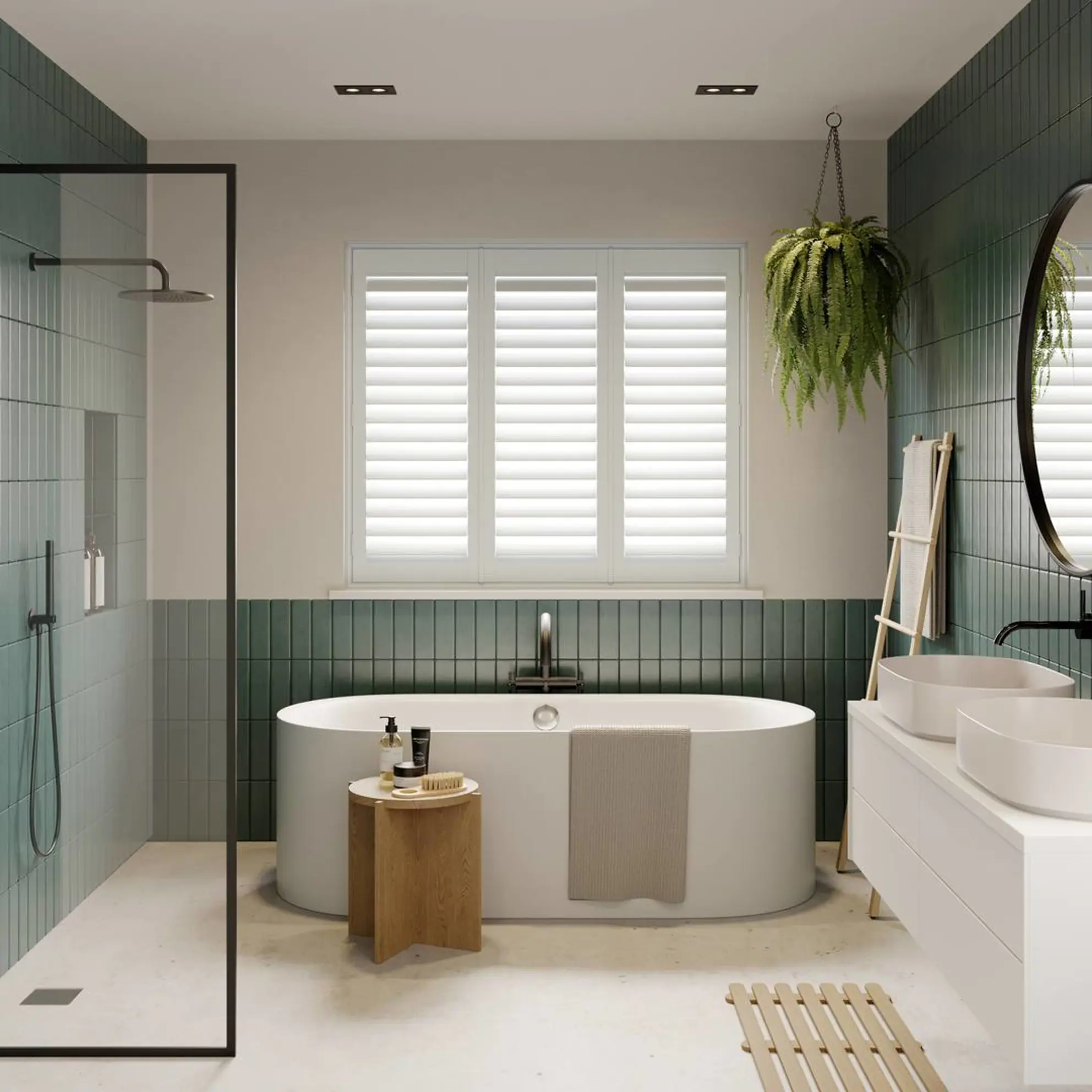 A modern bathroom with Snow White full height faux wood shutters 