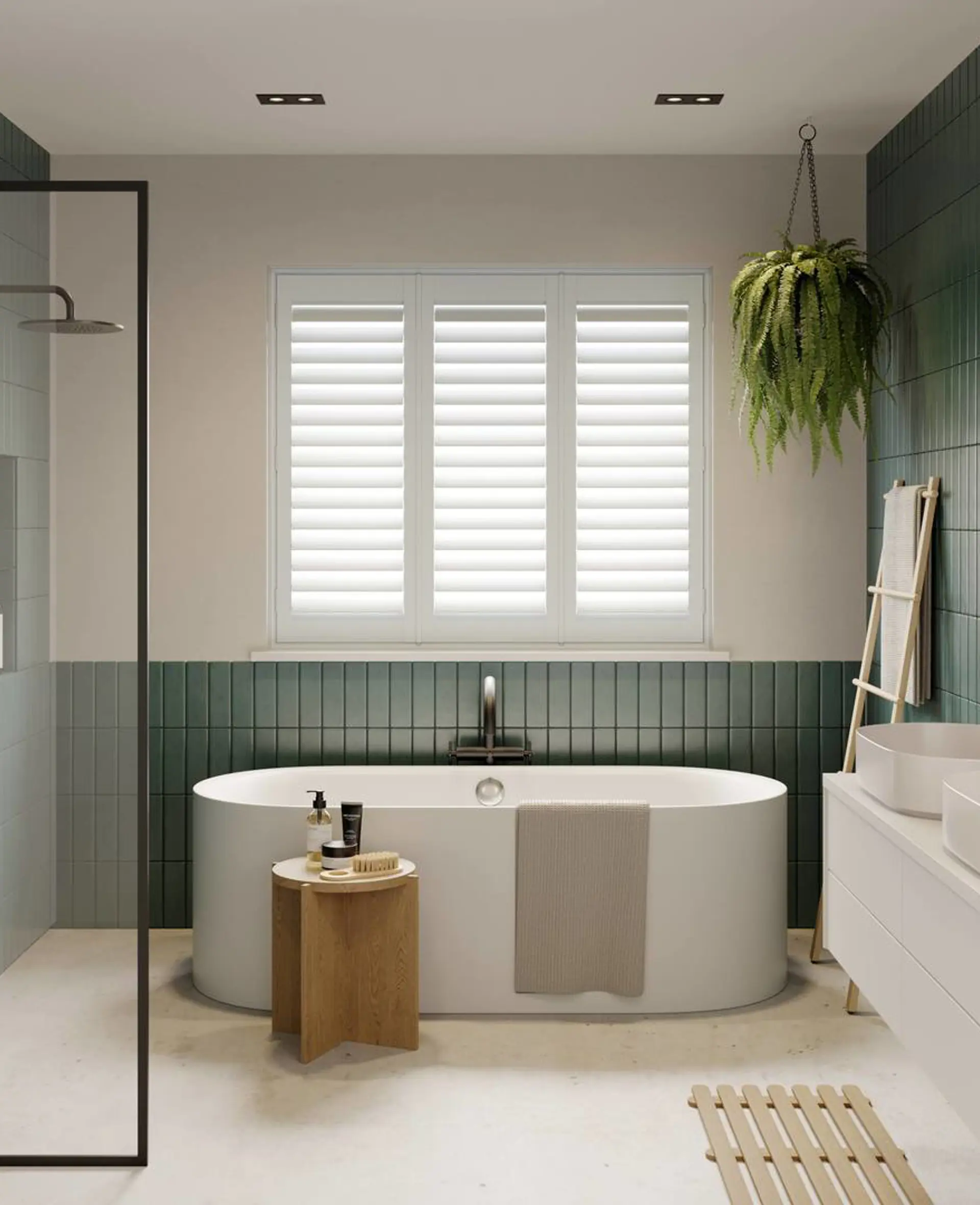 A modern bathroom with Snow White full height faux wood shutters 
