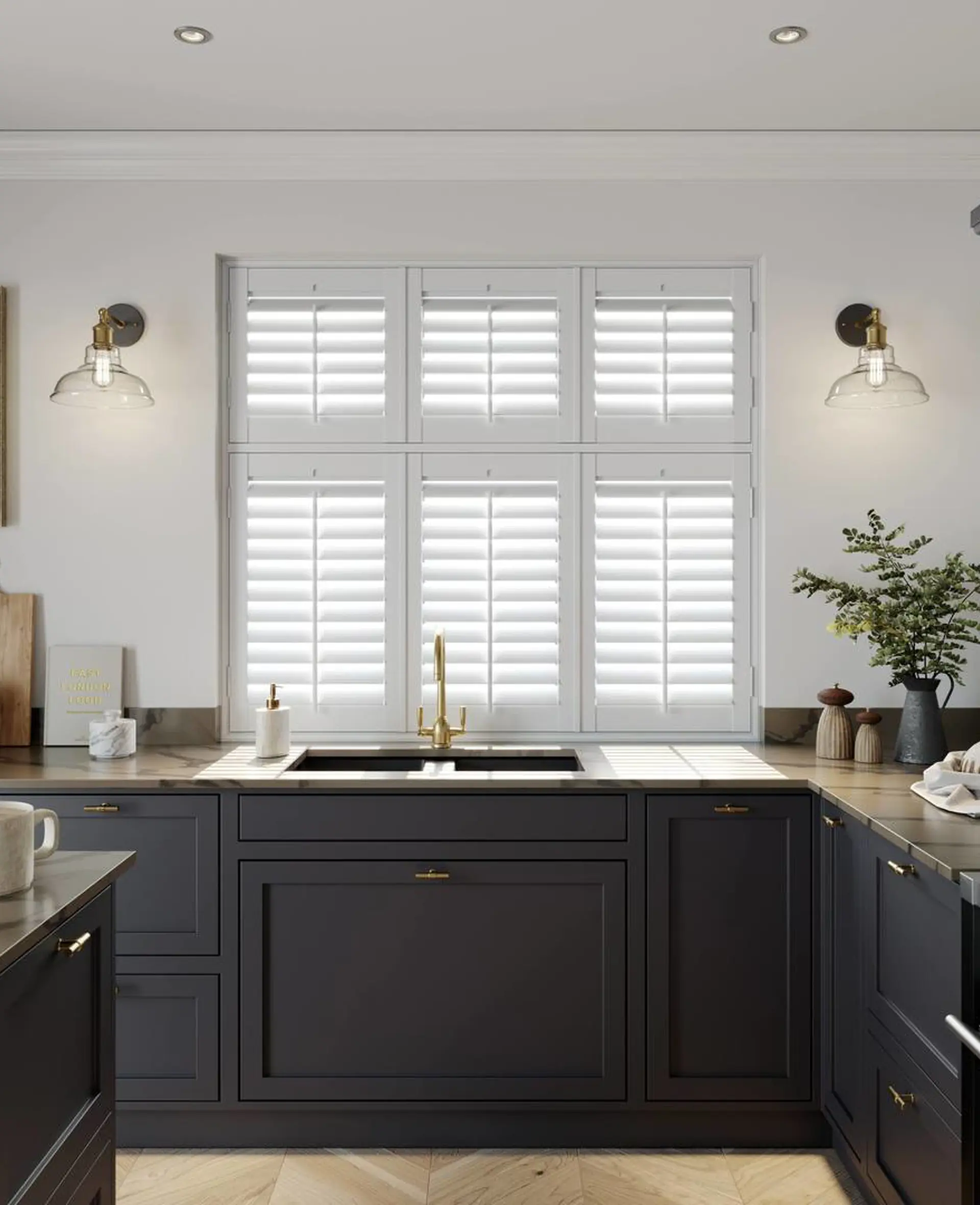 A traditional kitchen with Snow White tier on tier faux wood shutters 